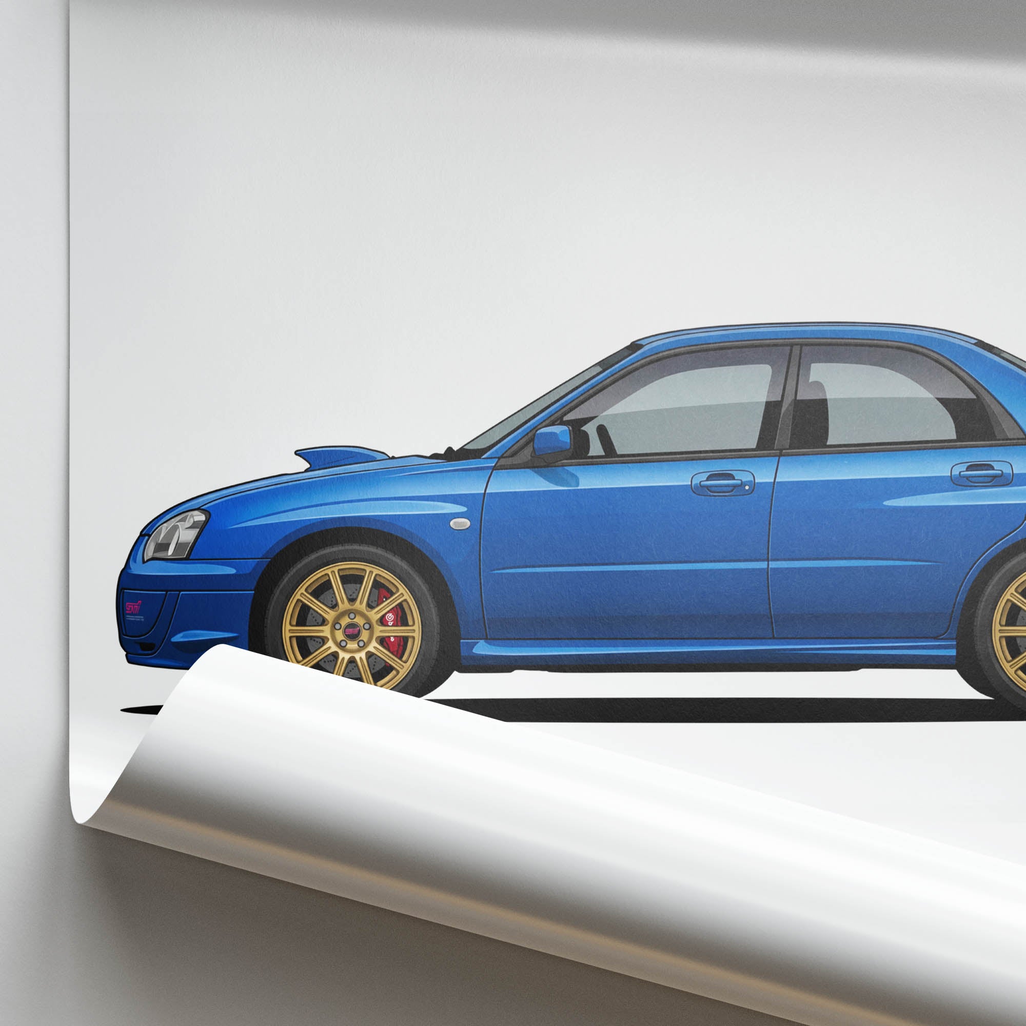 Subaru Impreza WRX STI 2004 Rally Car Print – Blue Blobeye With Gold Wheels Art