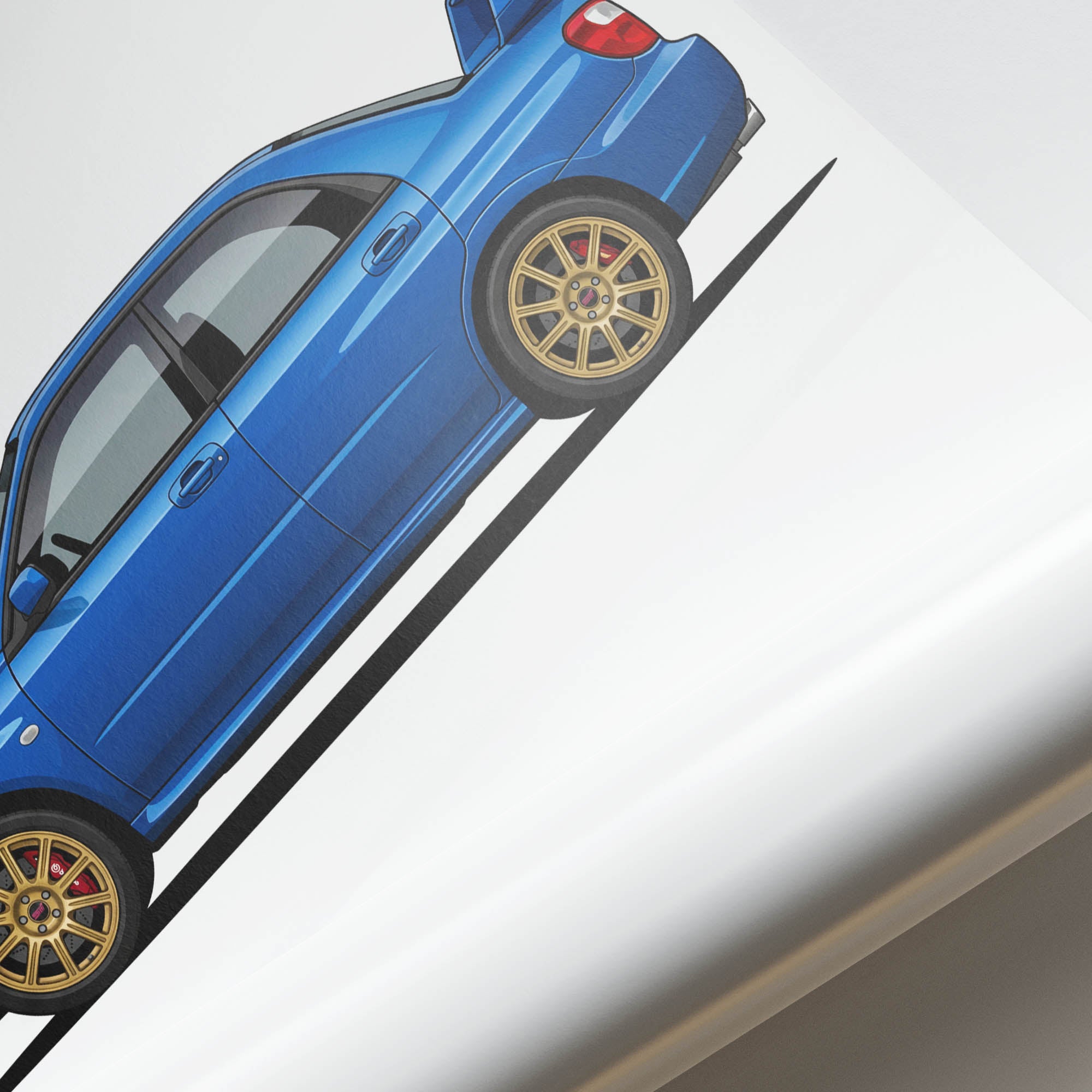 Subaru Impreza WRX STI 2004 Rally Car Print – Blue Blobeye With Gold Wheels Art