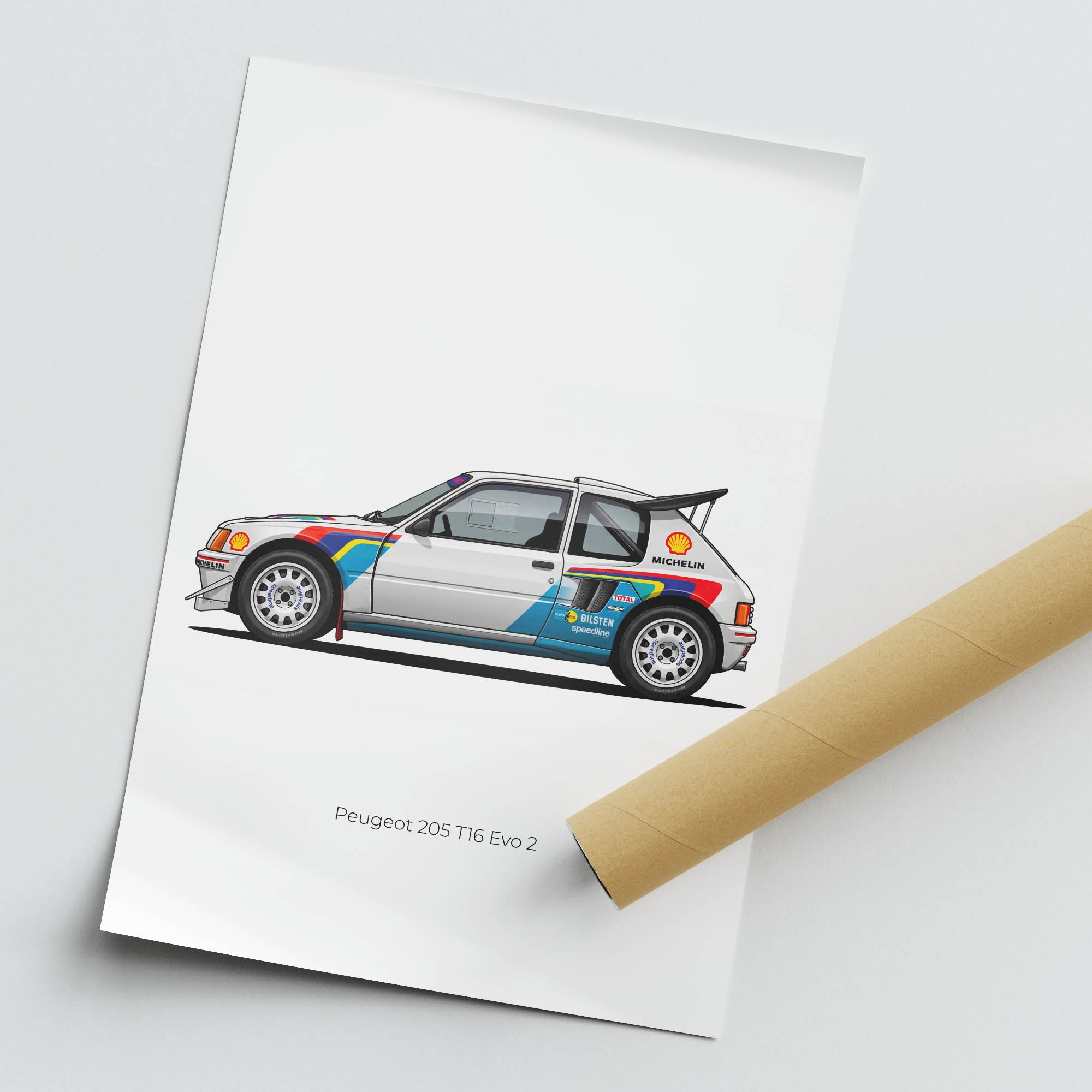 Peugeot 205 T16 Poster - 1985 Rally Car Print | White Rainbow Livery Art