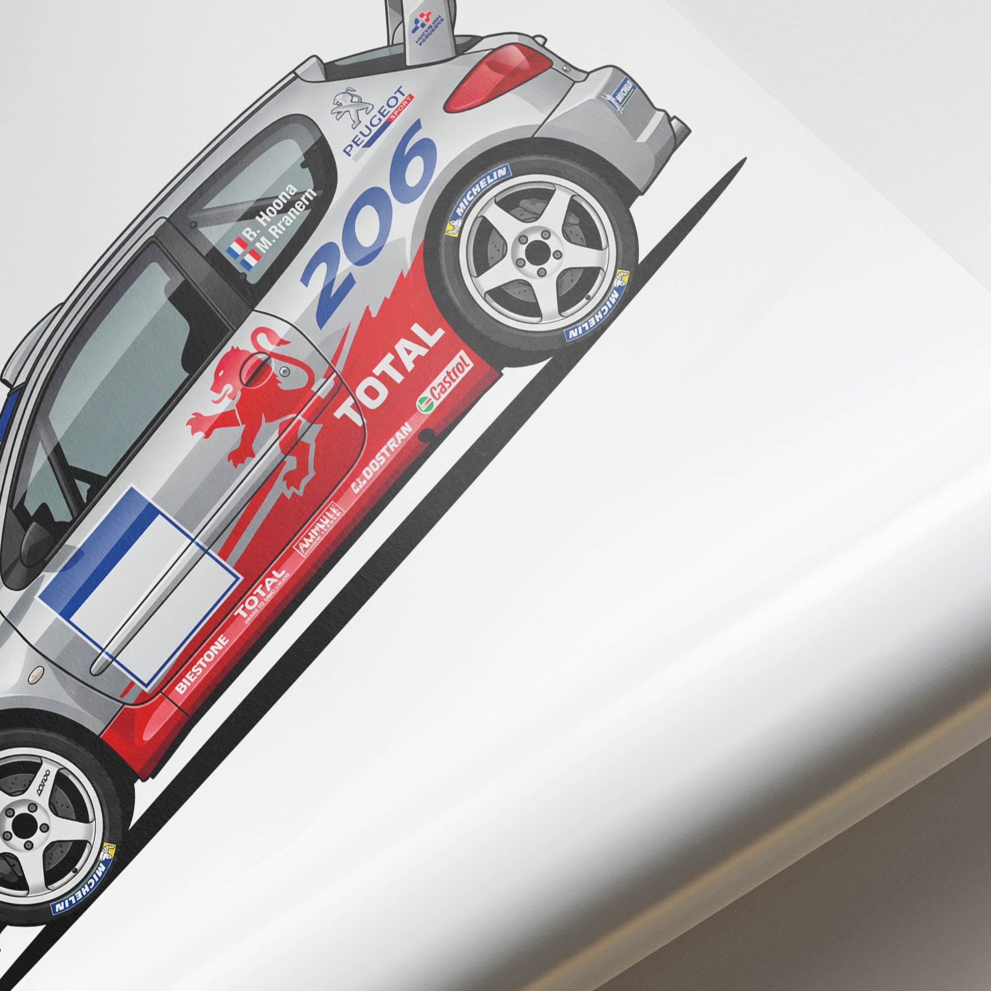 Peugeot 206 Poster – 2002 Silver Rally Car Print With Red Lion Livery Art