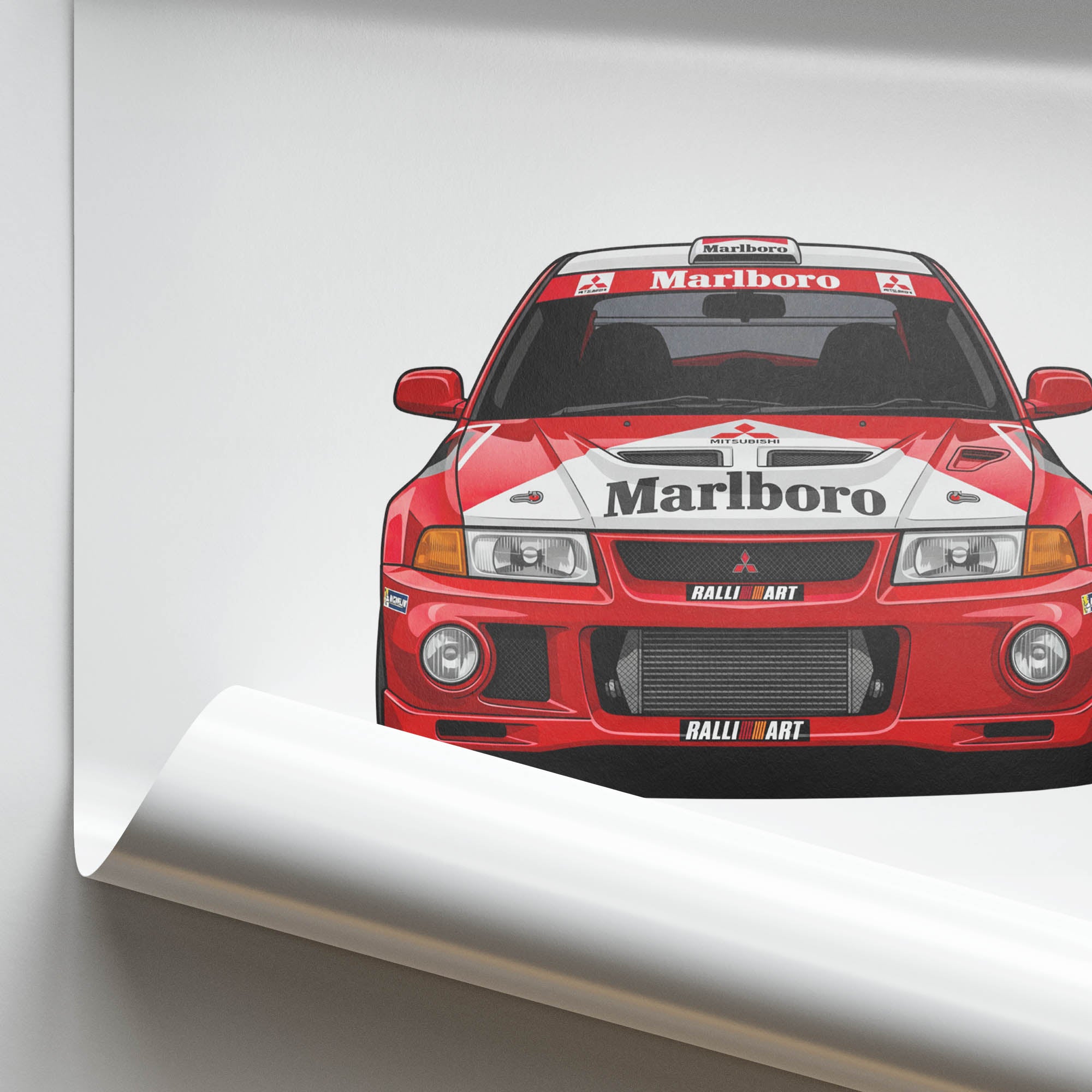 Mitsubishi Lancer Evolution Poster – 1999 Rally Car Art | Red White Livery Print