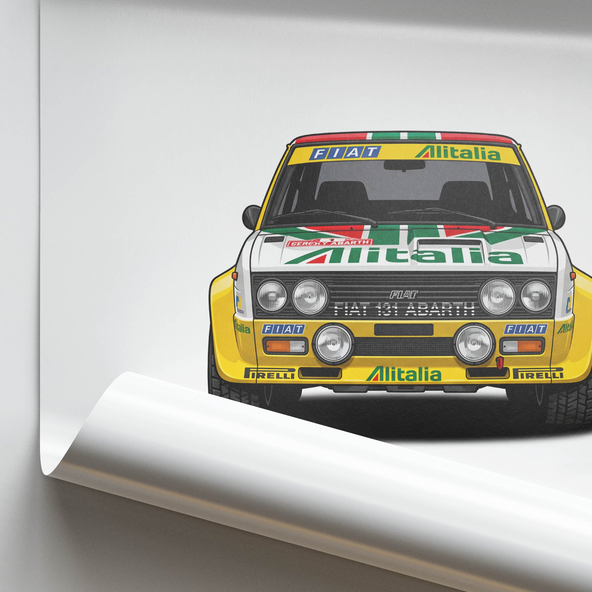 Fiat 131 Abarth Poster – 1980 Rally Car Yellow White Alitalia Livery Print