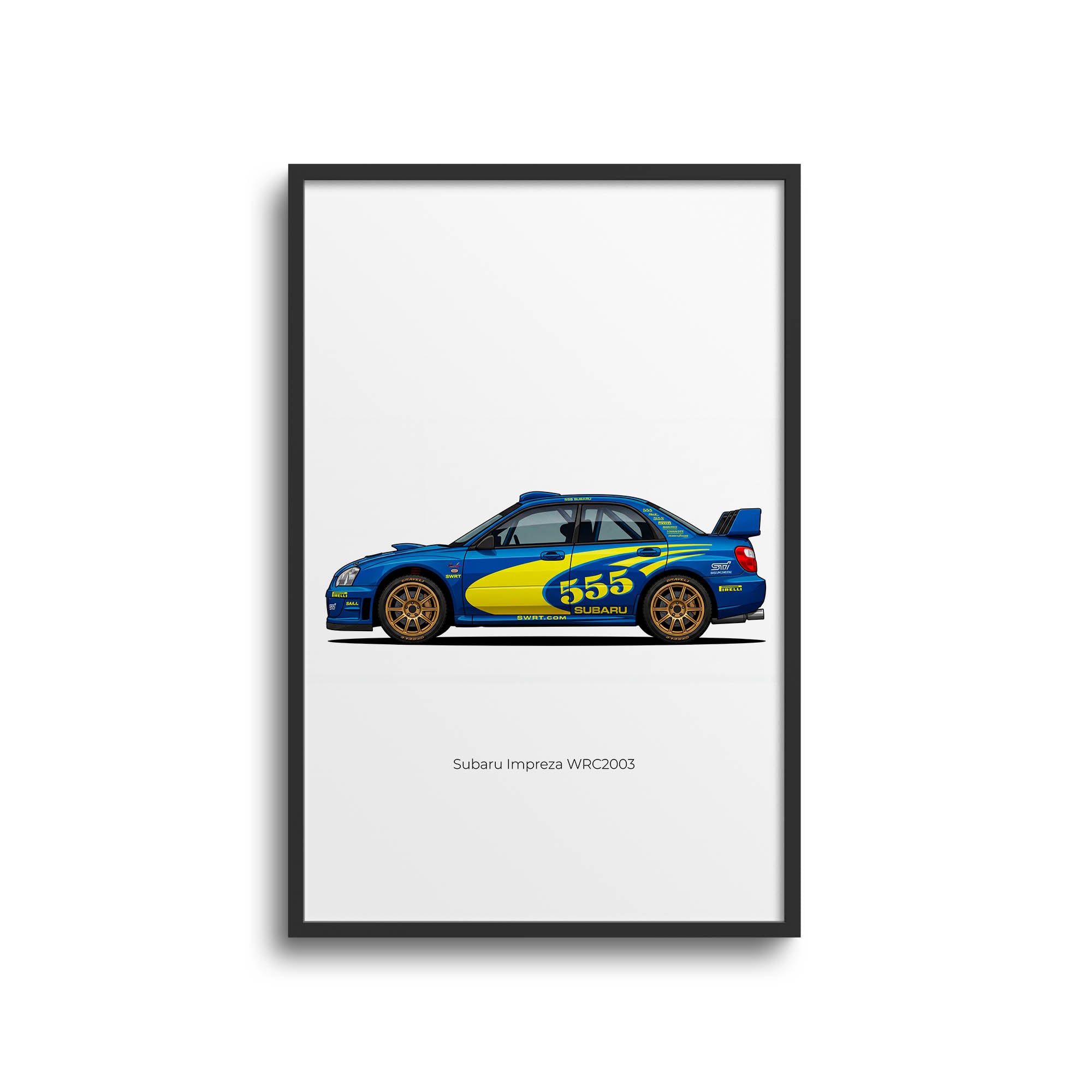 Subaru Impreza Poster – 2003 WRC Car Artwork With Blue Yellow Livery Side View