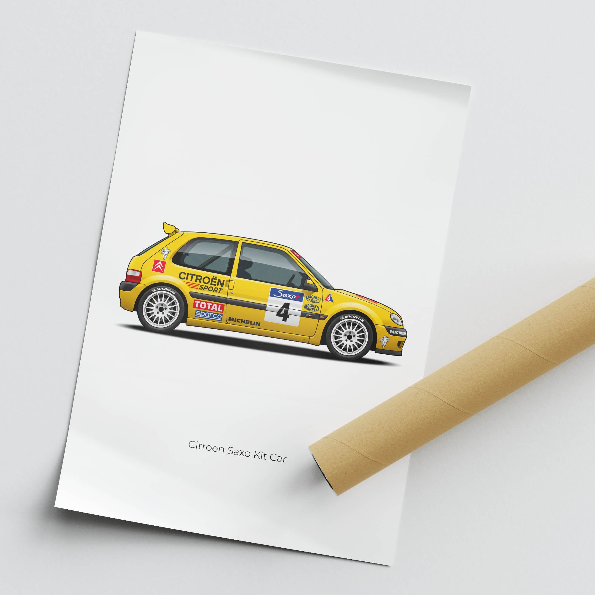 Citroen Saxo Kit Car Vintage Race Poster - 1998 Yellow Livery Side View