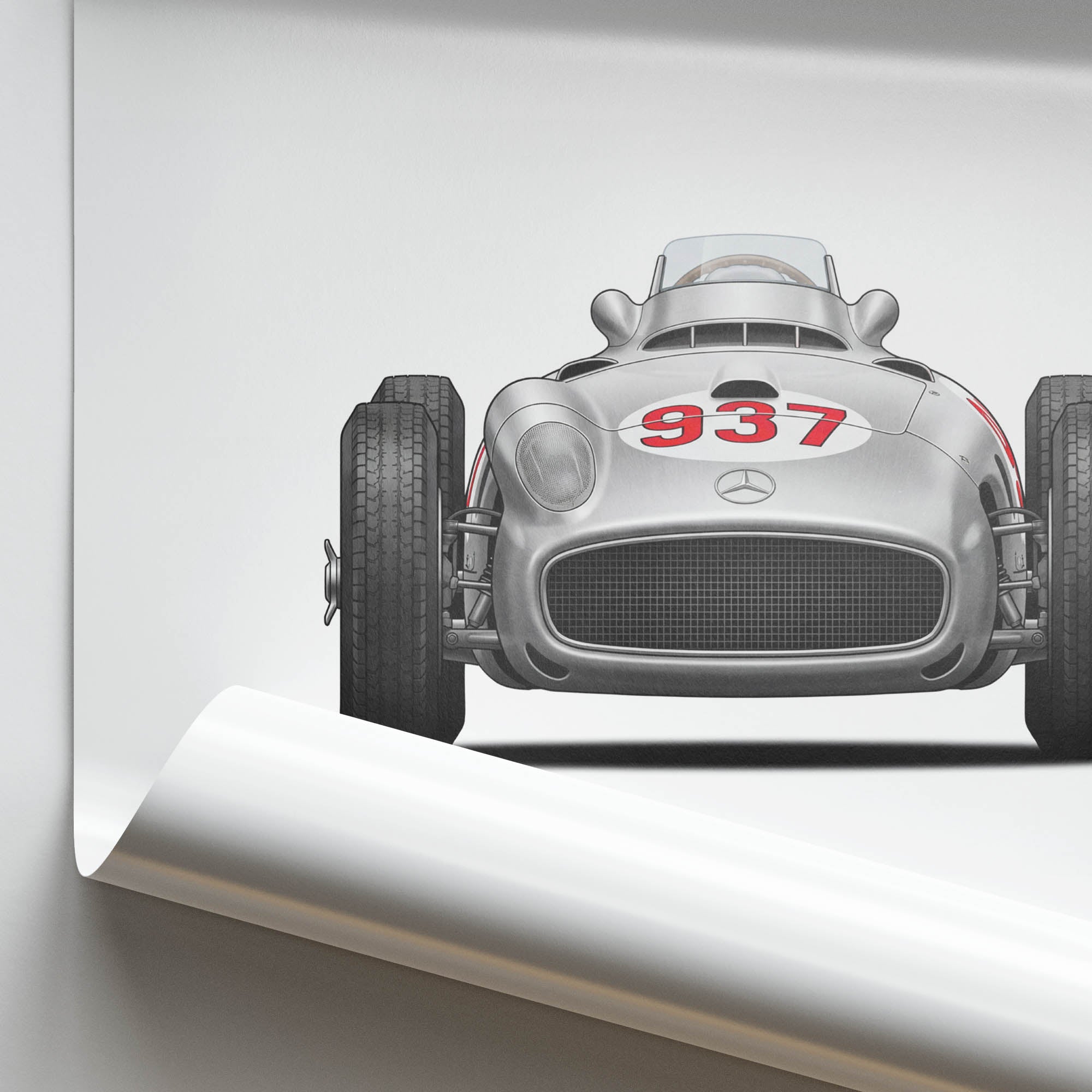 Mercedes Benz W196 Poster – 1954 Silver Arrow Racing Print with Fangio Vintage Art