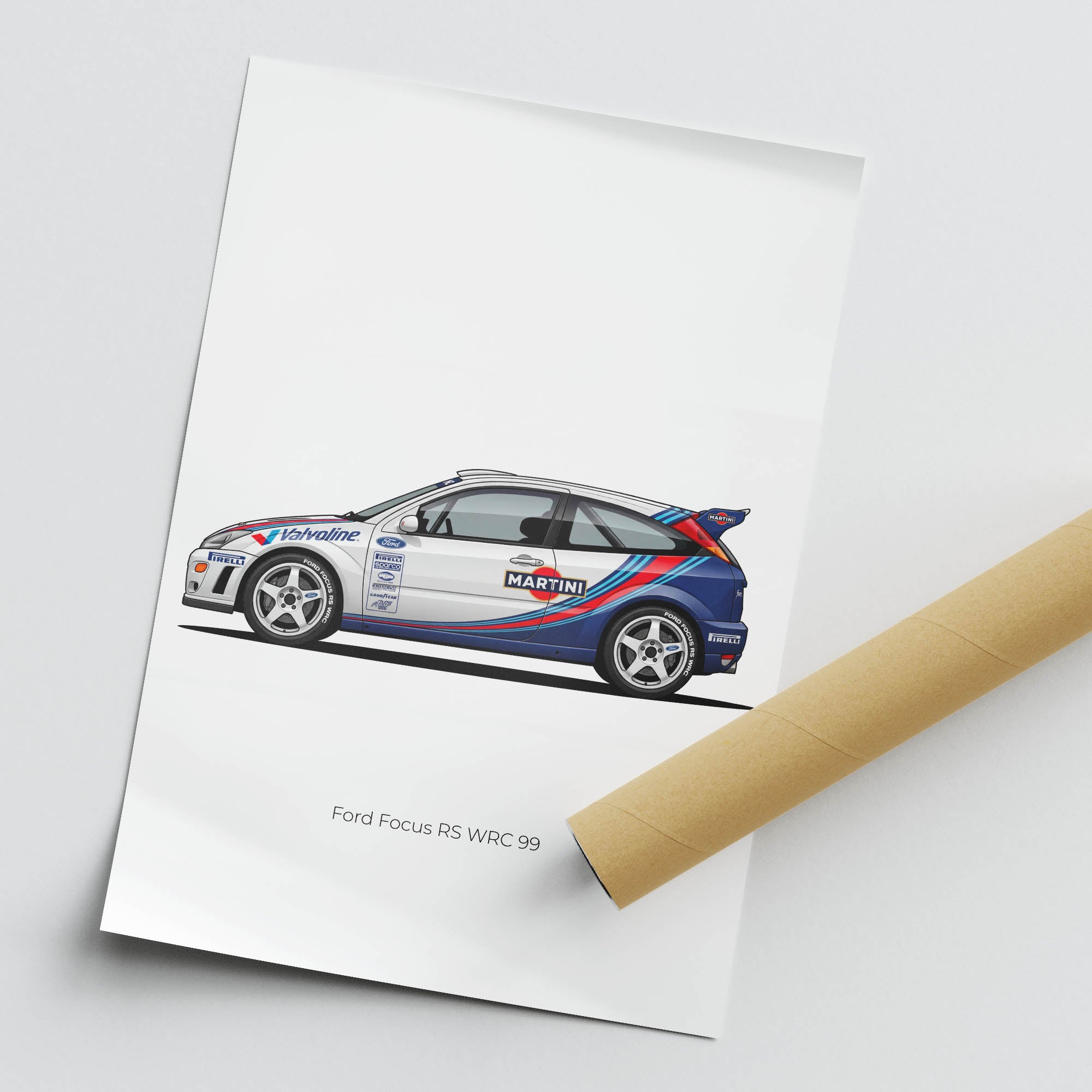 Ford Focus Poster – 1999 Martini Racing Print | Blue & White Livery Art
