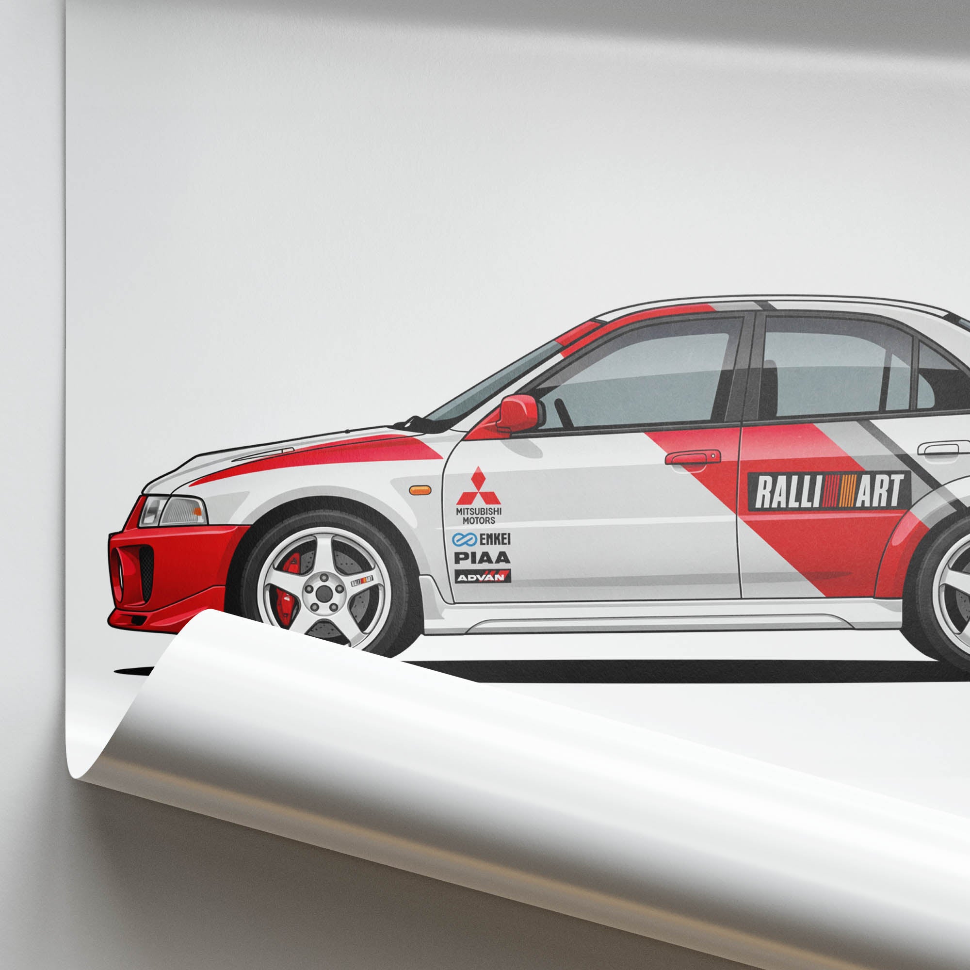 Mitsubishi Lancer Evolution Poster – 1996 Evo III White Red Livery Rally Car Wall Art