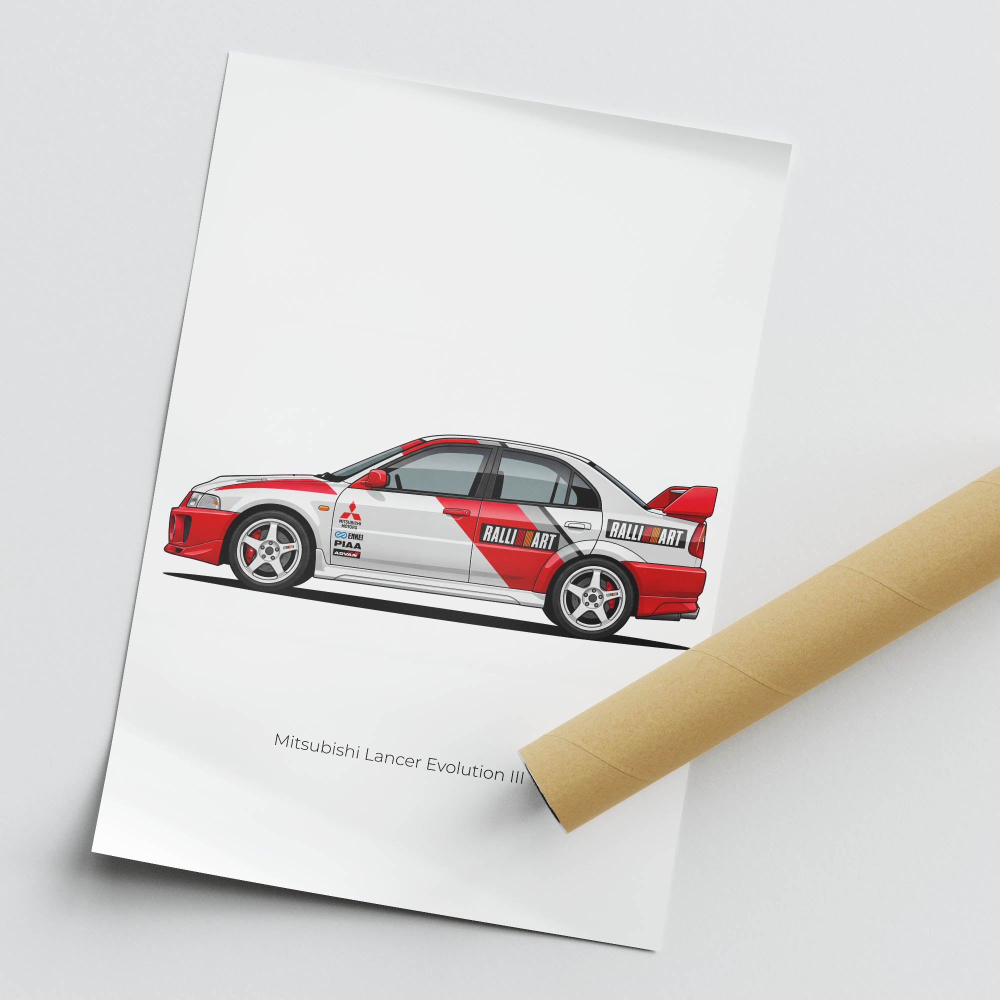 Mitsubishi Lancer Evolution Poster – 1996 Evo III White Red Livery Rally Car Wall Art