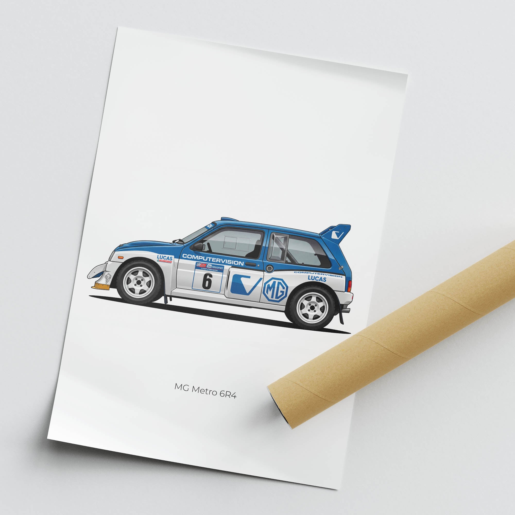 MG Metro 6R4 Poster – 1986 Rally Car Side View With Computervision White Blue Livery