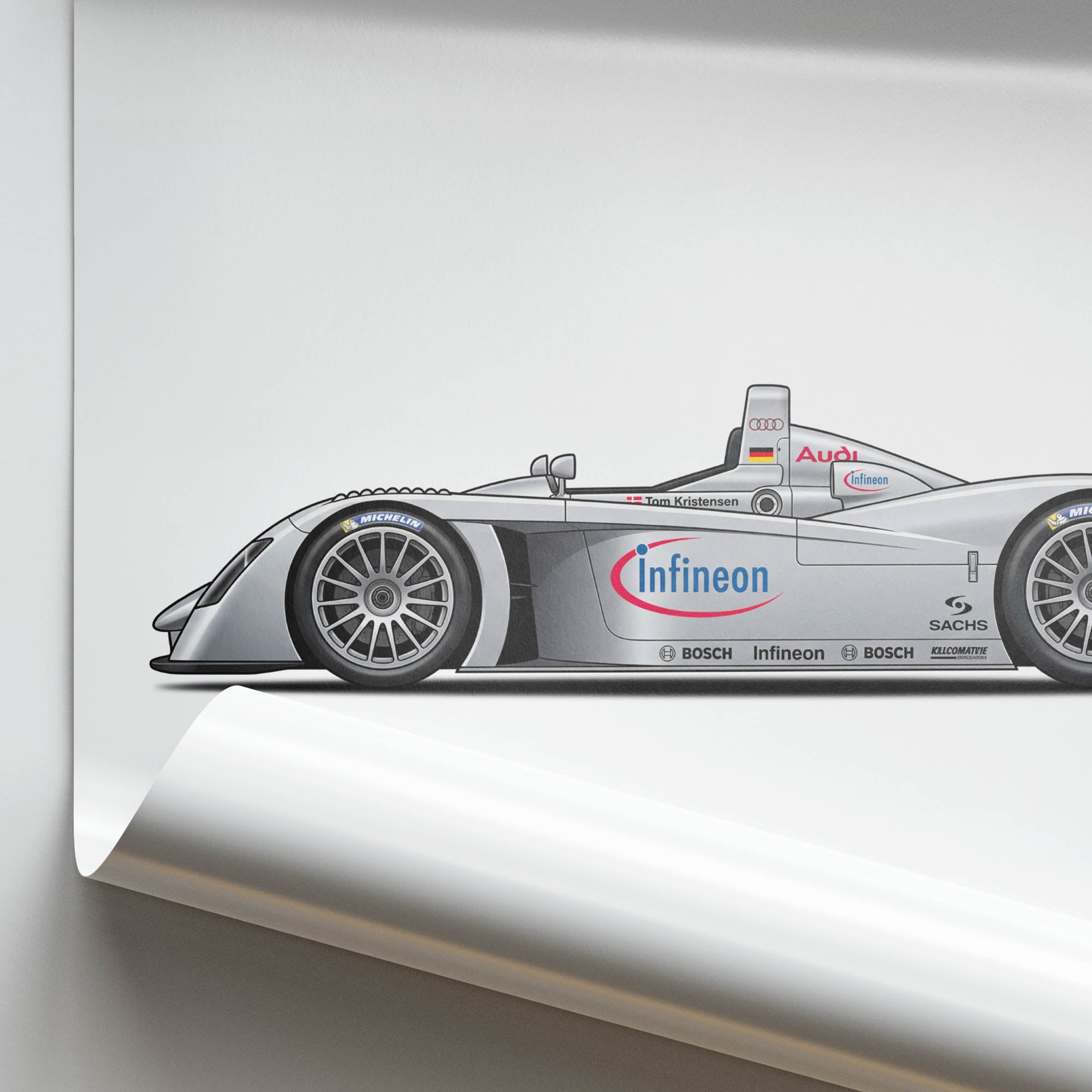 Audi R8 LMP Poster – 2000 Tom Kristensen Silver Livery Race Car Print