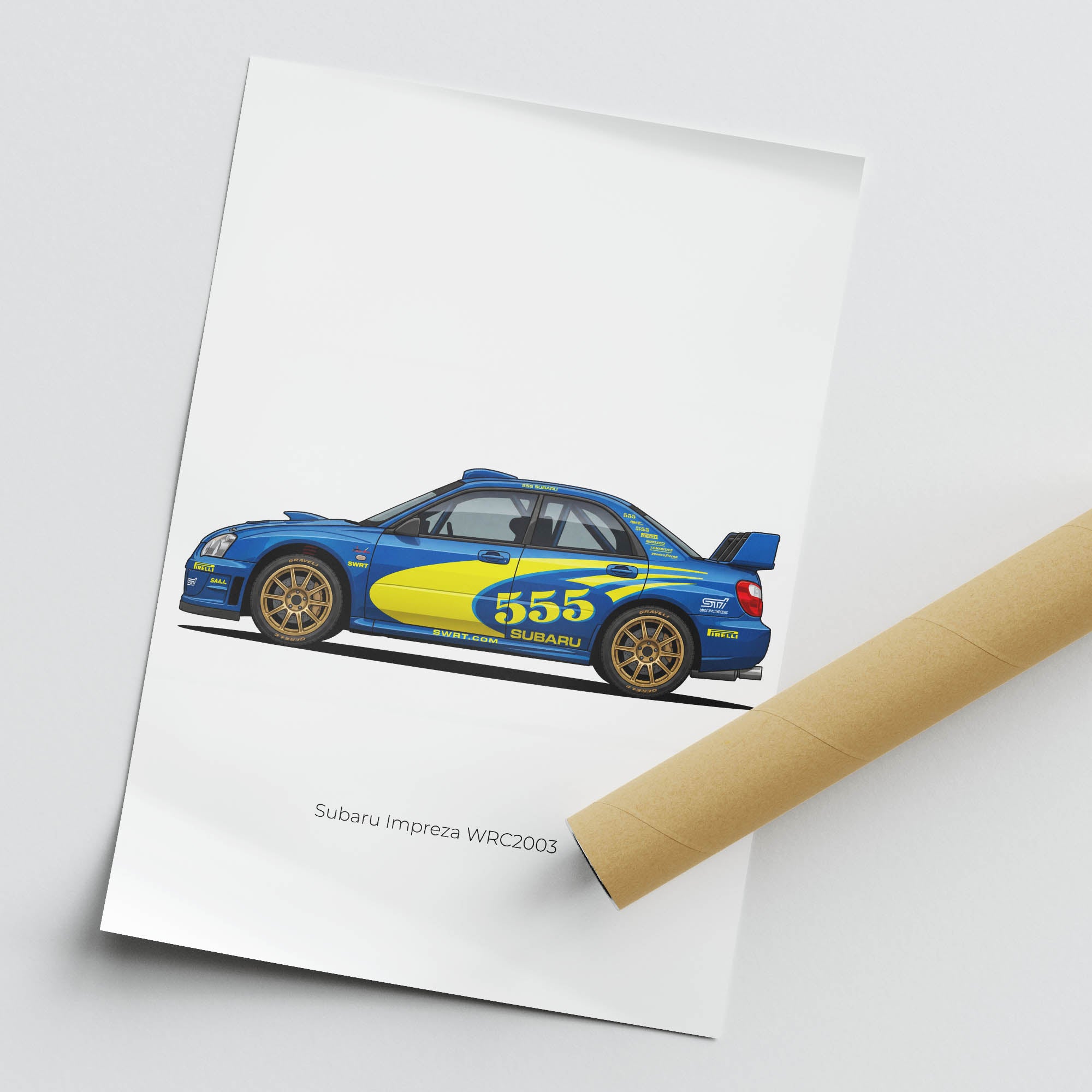 Subaru Impreza Poster – 2003 WRC Car Artwork With Blue Yellow Livery Side View