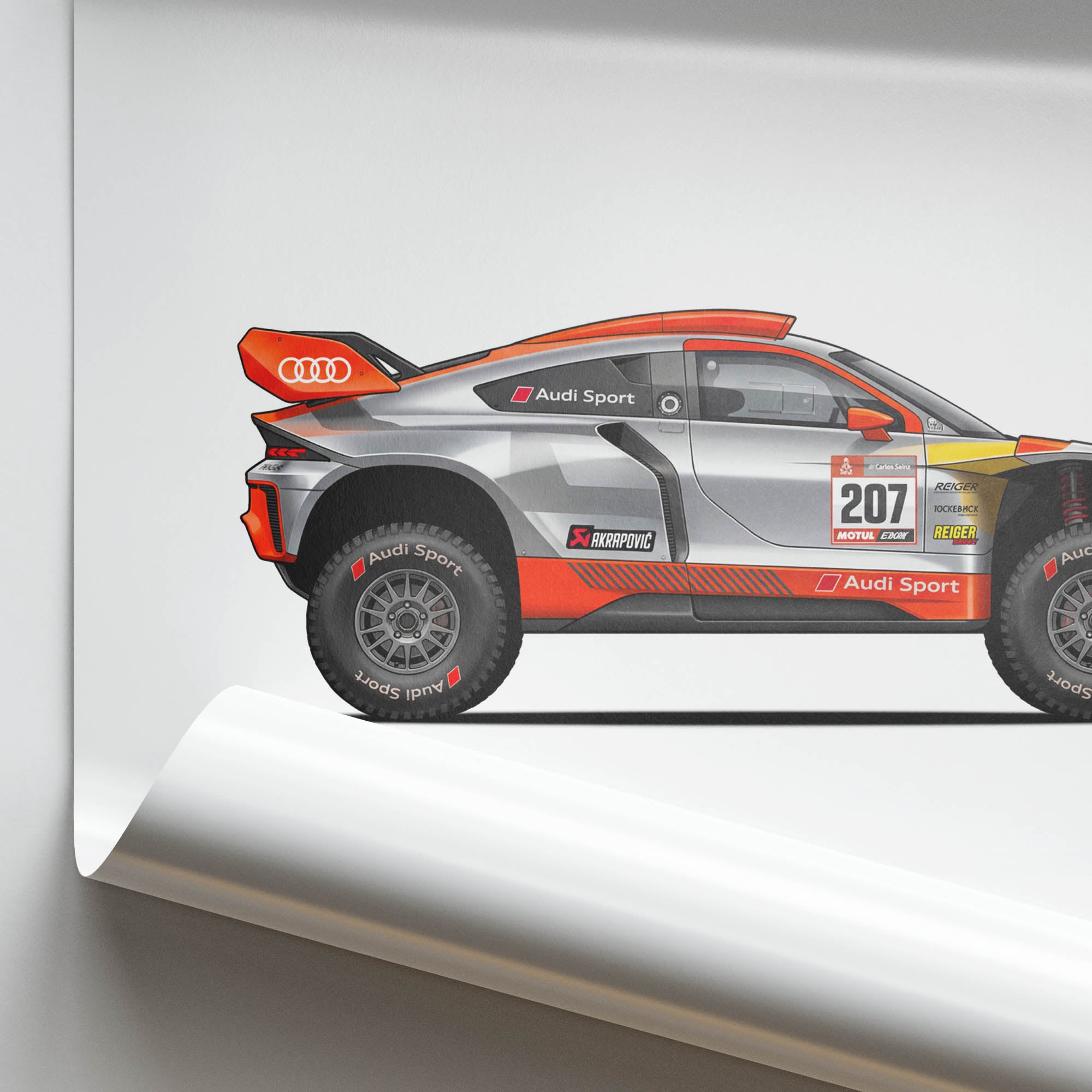 Audi RS Q e-tron Poster – 2024 Carlos Sainz Rally Car Print Silver Orange Livery