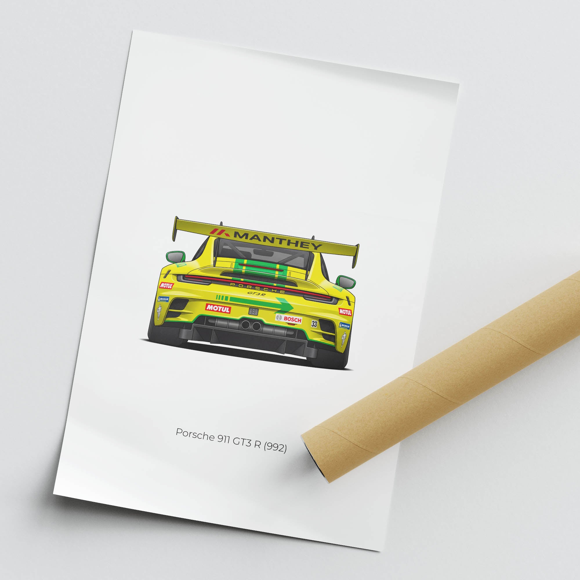 2023 Porsche 911 Gt3 R 992 Manthey Racing Grello Yellow And Green Livery Back View Poster