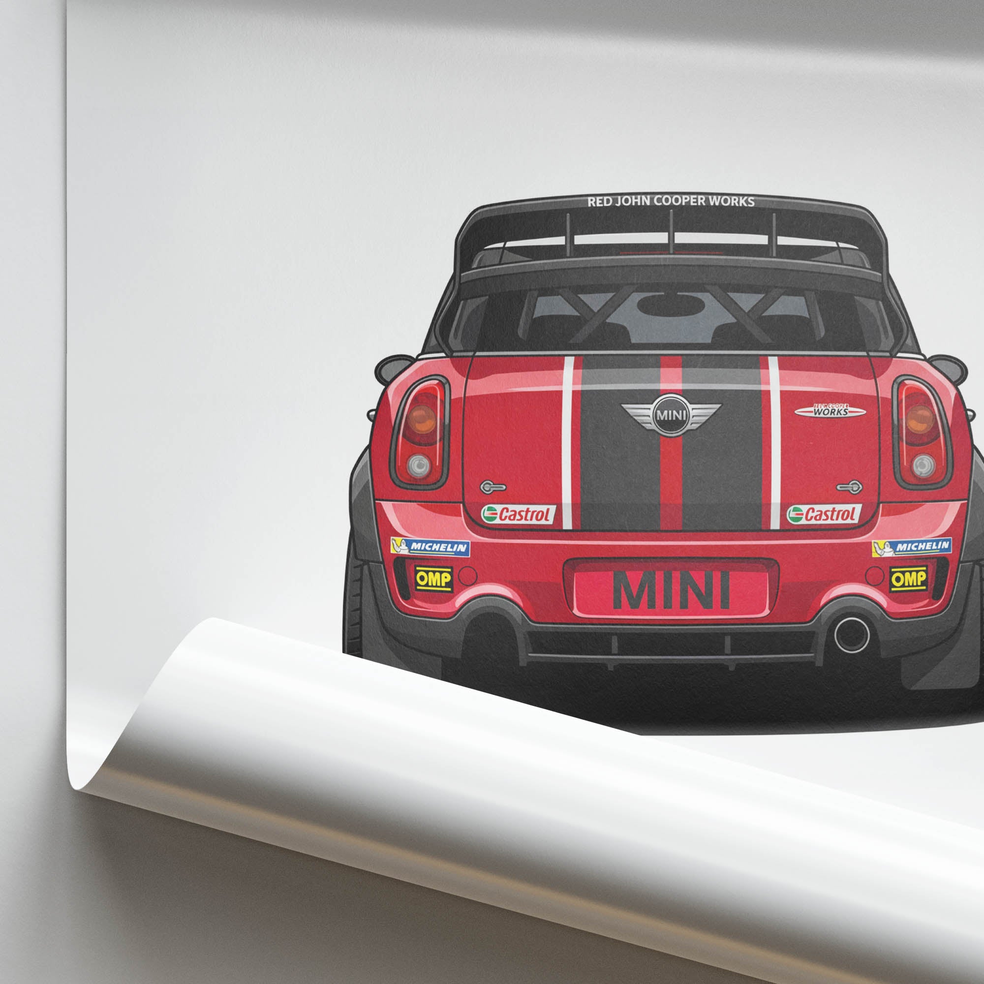 Mini John Cooper Works Poster - 2011 Red Black Car Racing Back View Print
