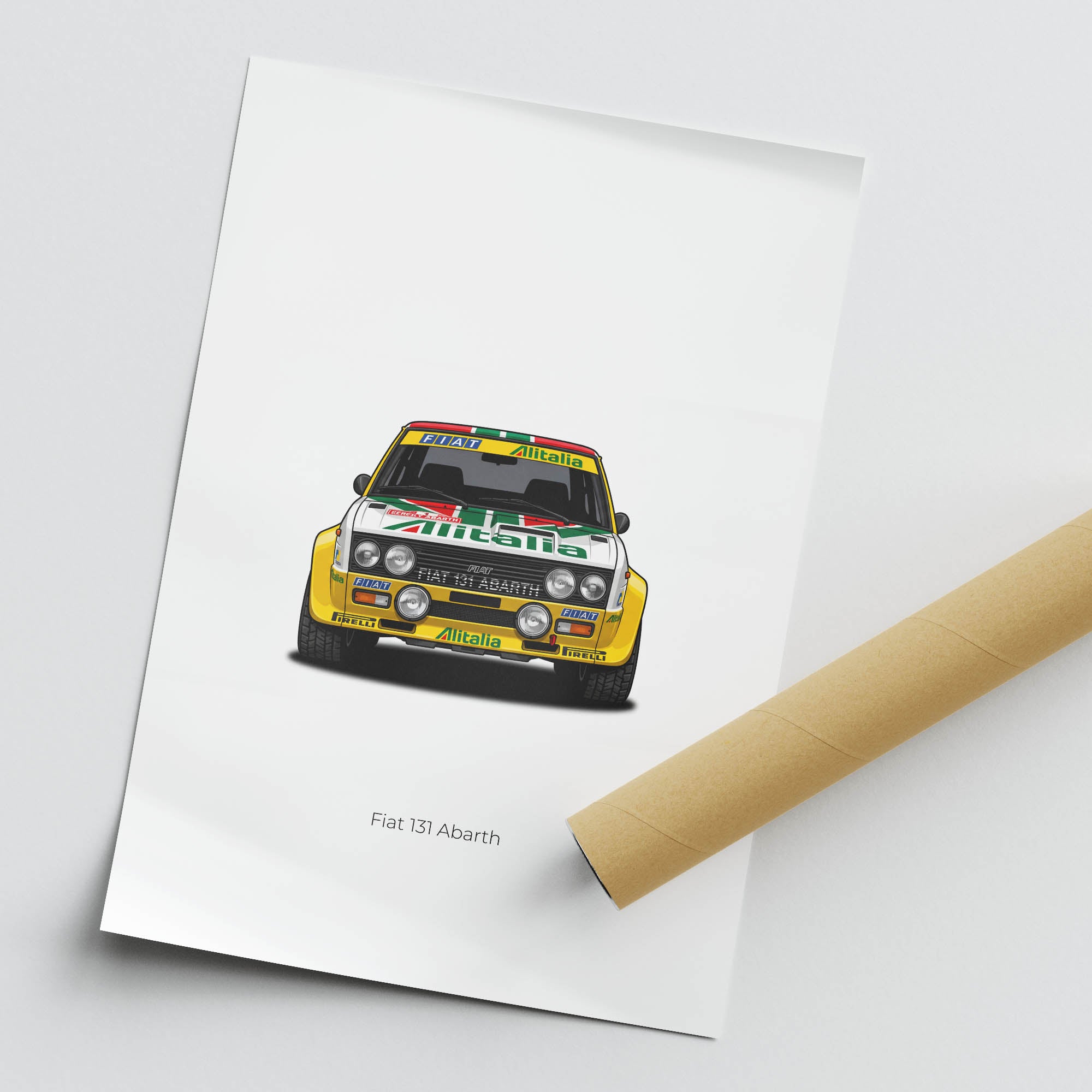 Fiat 131 Abarth Poster – 1980 Rally Car Yellow White Alitalia Livery Print