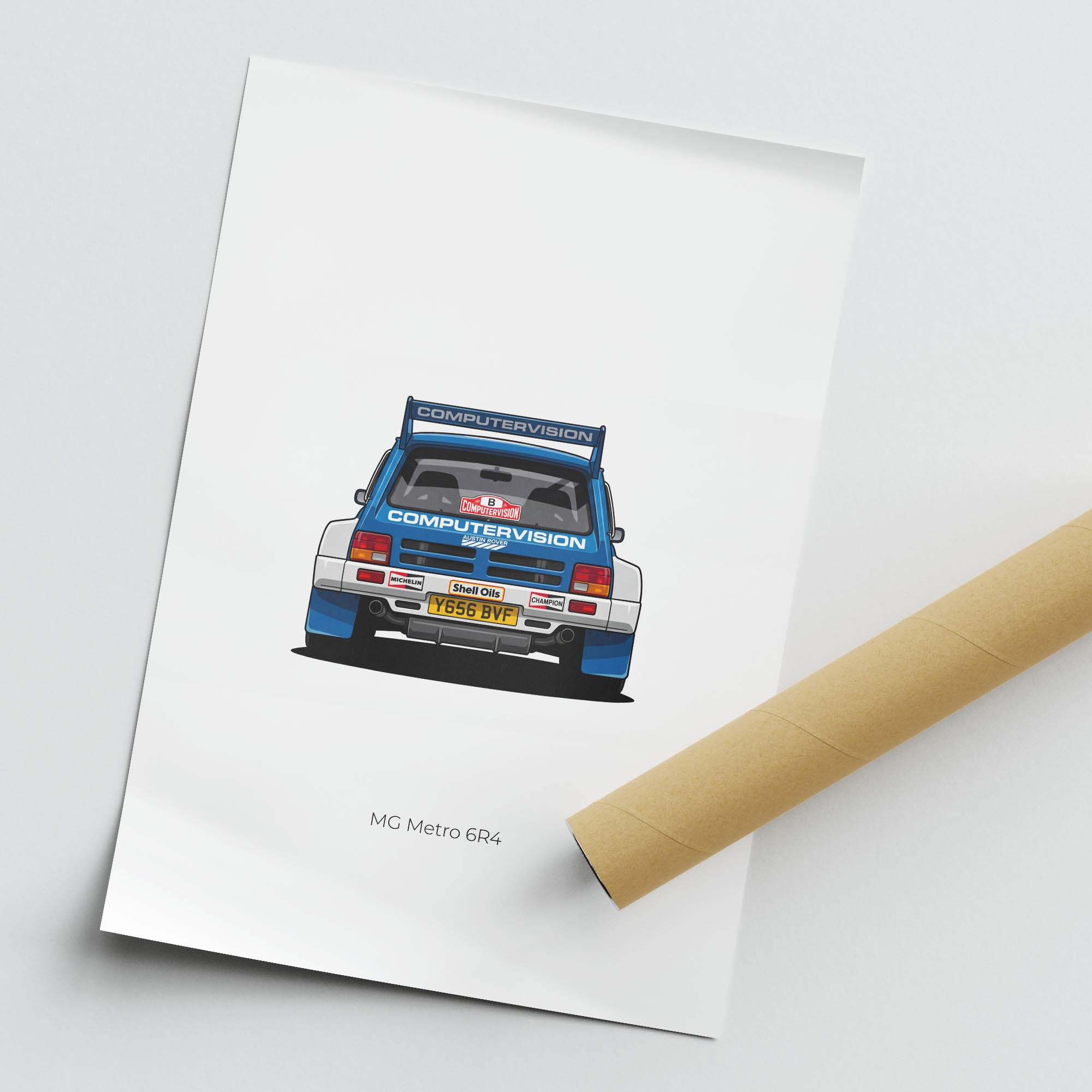 Mg Metro 6R4 Poster - 1986 Rally Car Print With White Blue Livery Artwork
