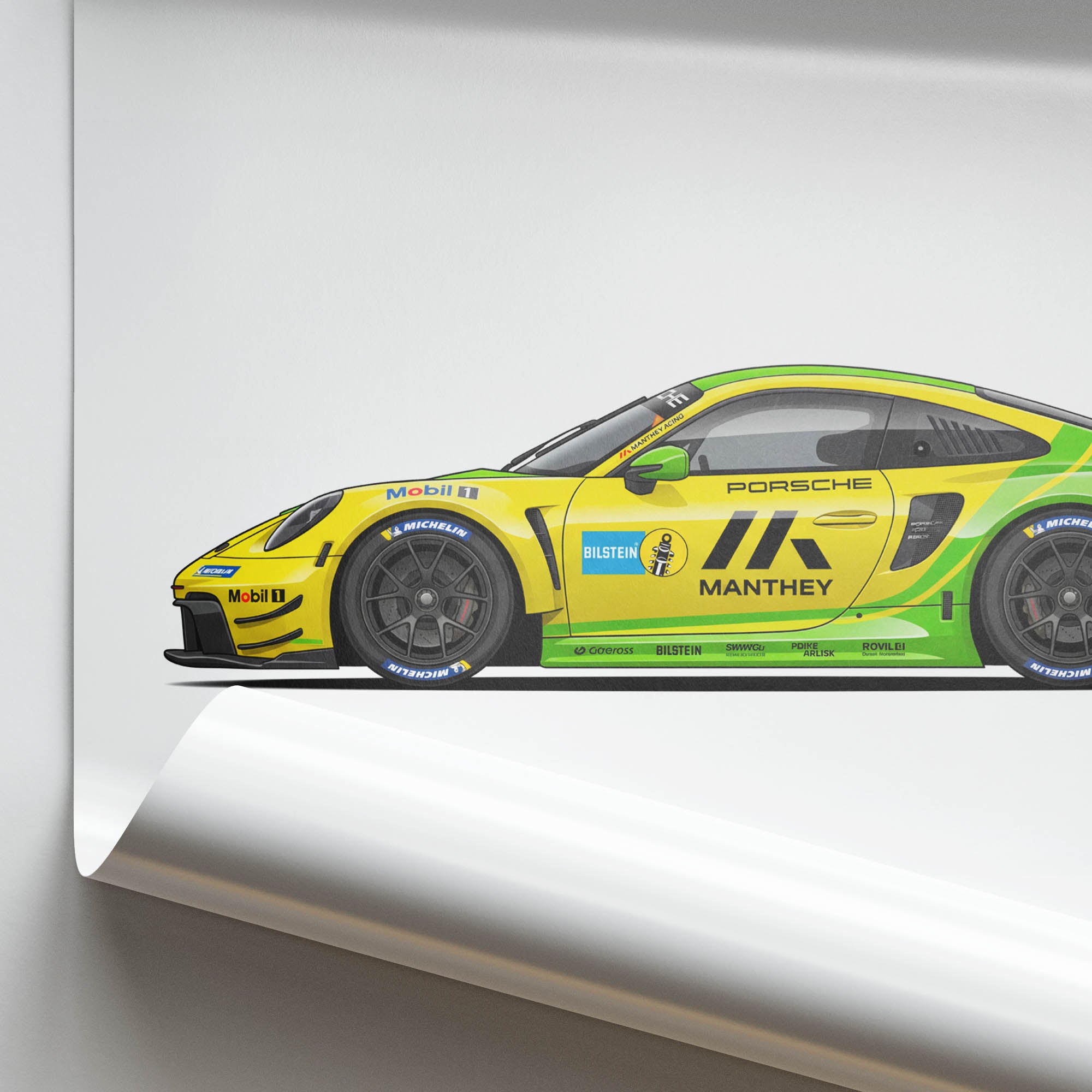 Porsche 911 GT3 R Poster – 2023 Manthey Racing Yellow Green Livery Side View