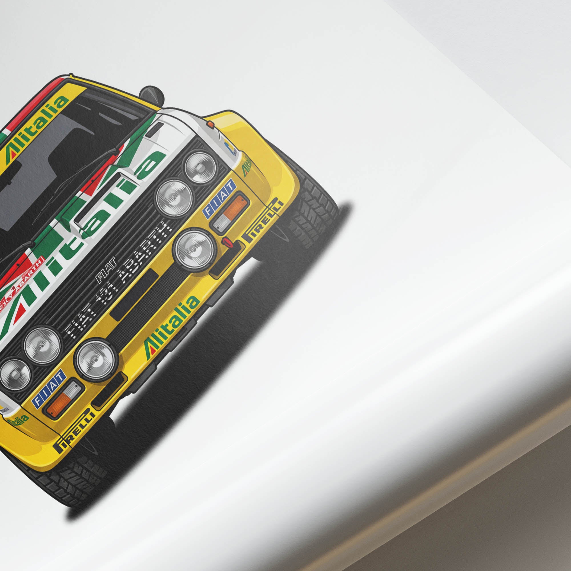 Fiat 131 Abarth Poster – 1980 Rally Car Yellow White Alitalia Livery Print