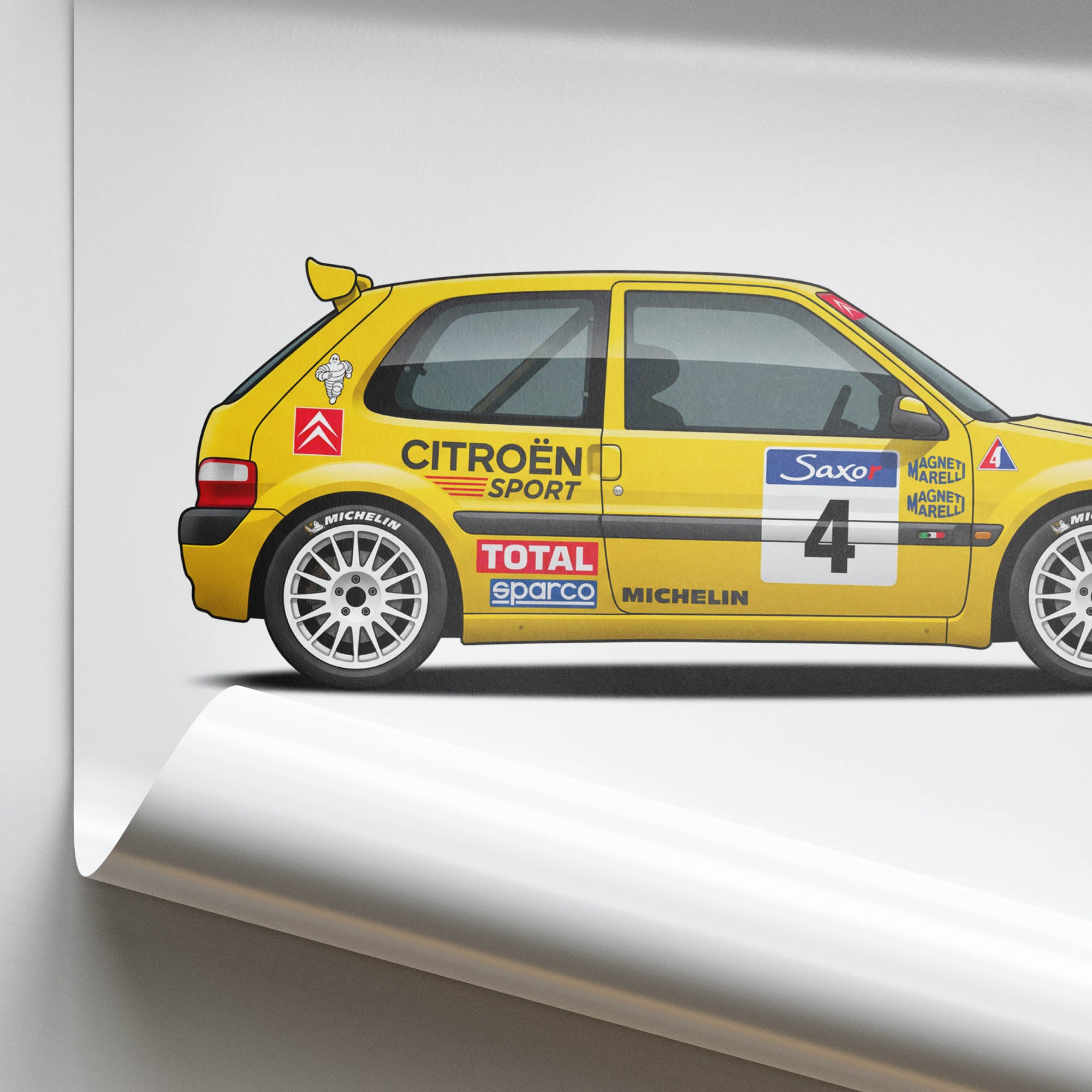Citroen Saxo Kit Car Vintage Race Poster - 1998 Yellow Livery Side View