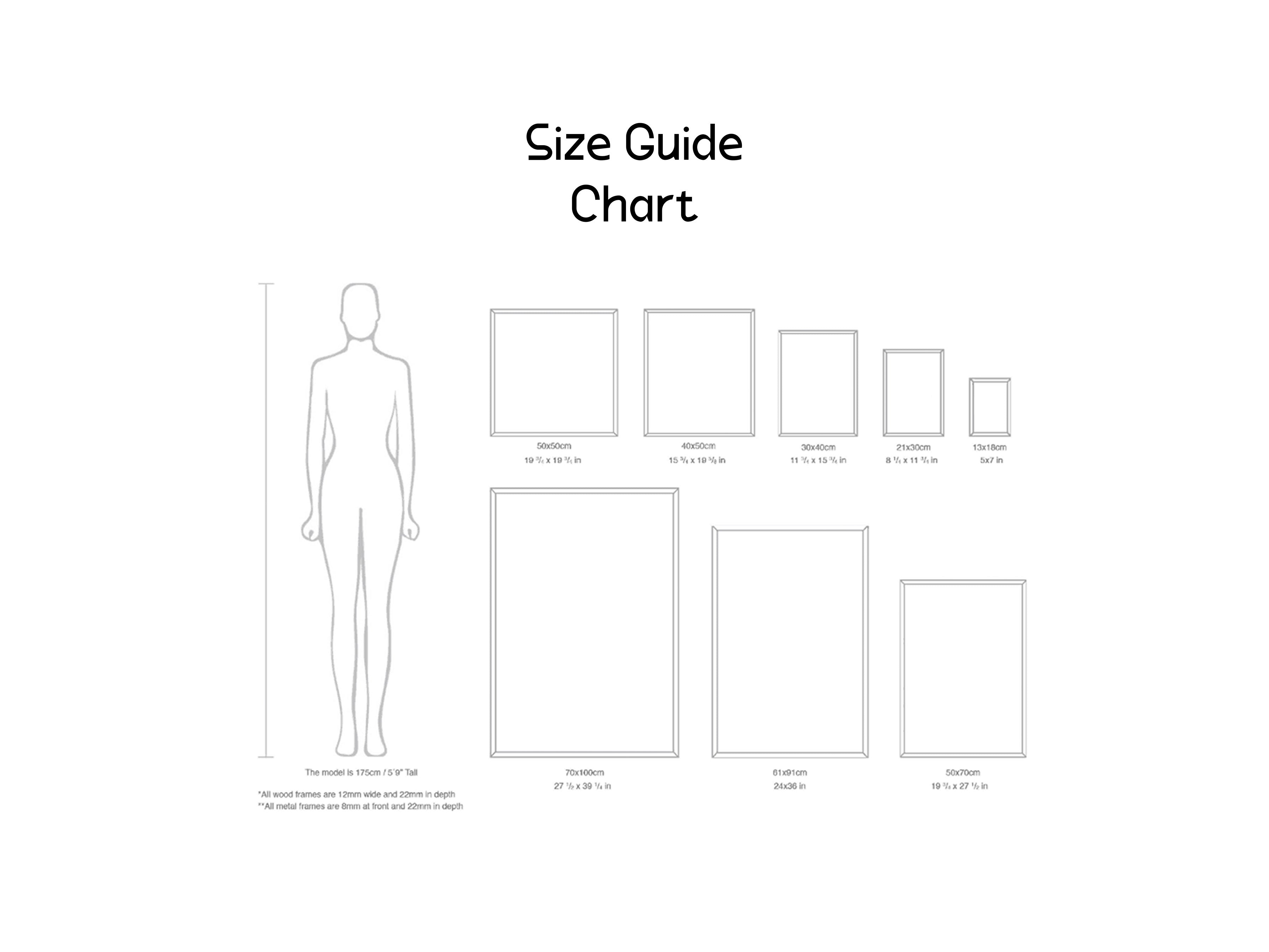 The image is a size guide chart that provides the dimensions of various wooden frames in inches. The chart includes a model of a person standing next to the different frame sizes, allowing viewers to compare the sizes of the frames.