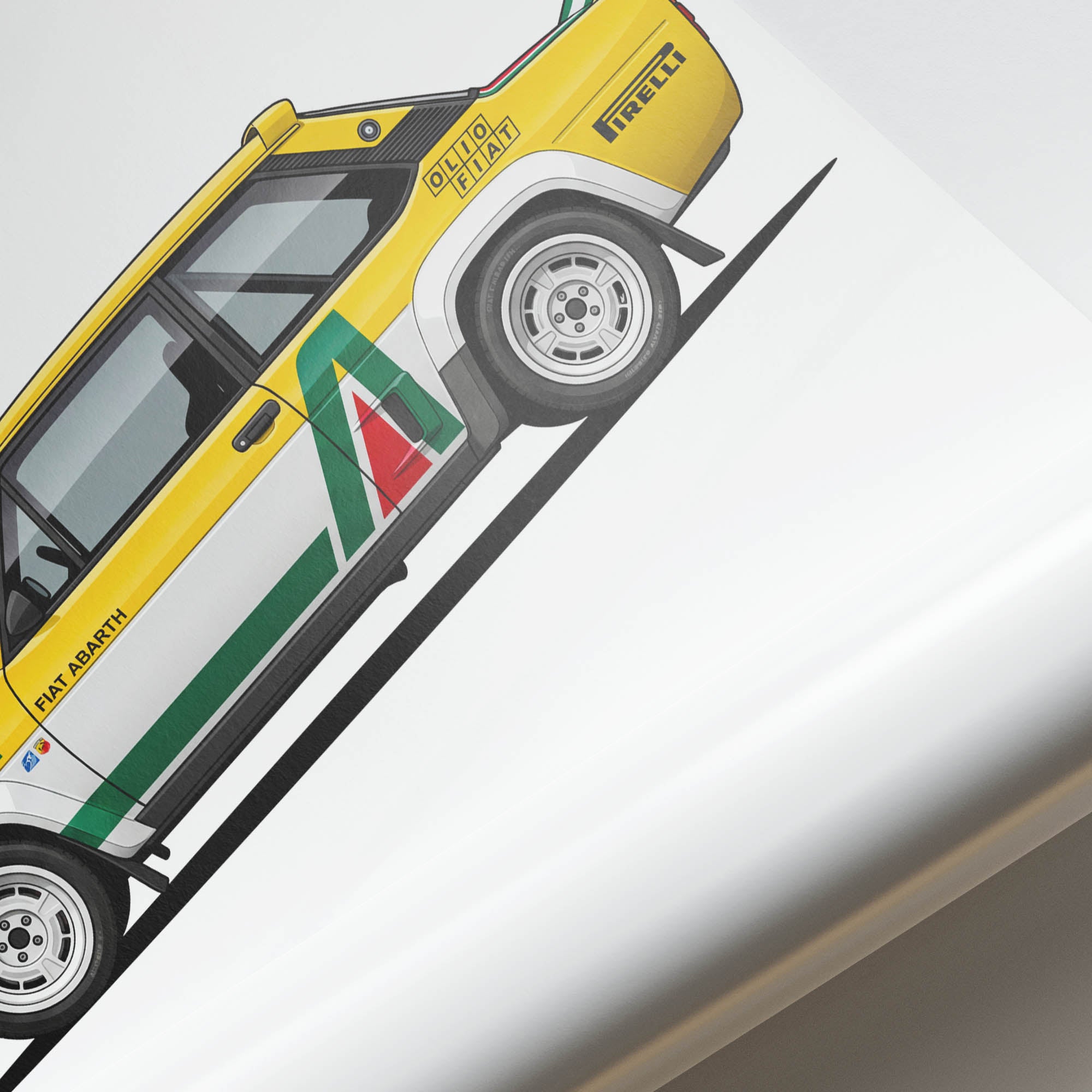 Fiat 131 Abarth Poster – 1980 Vintage Rally Car Yellow White Livery Print