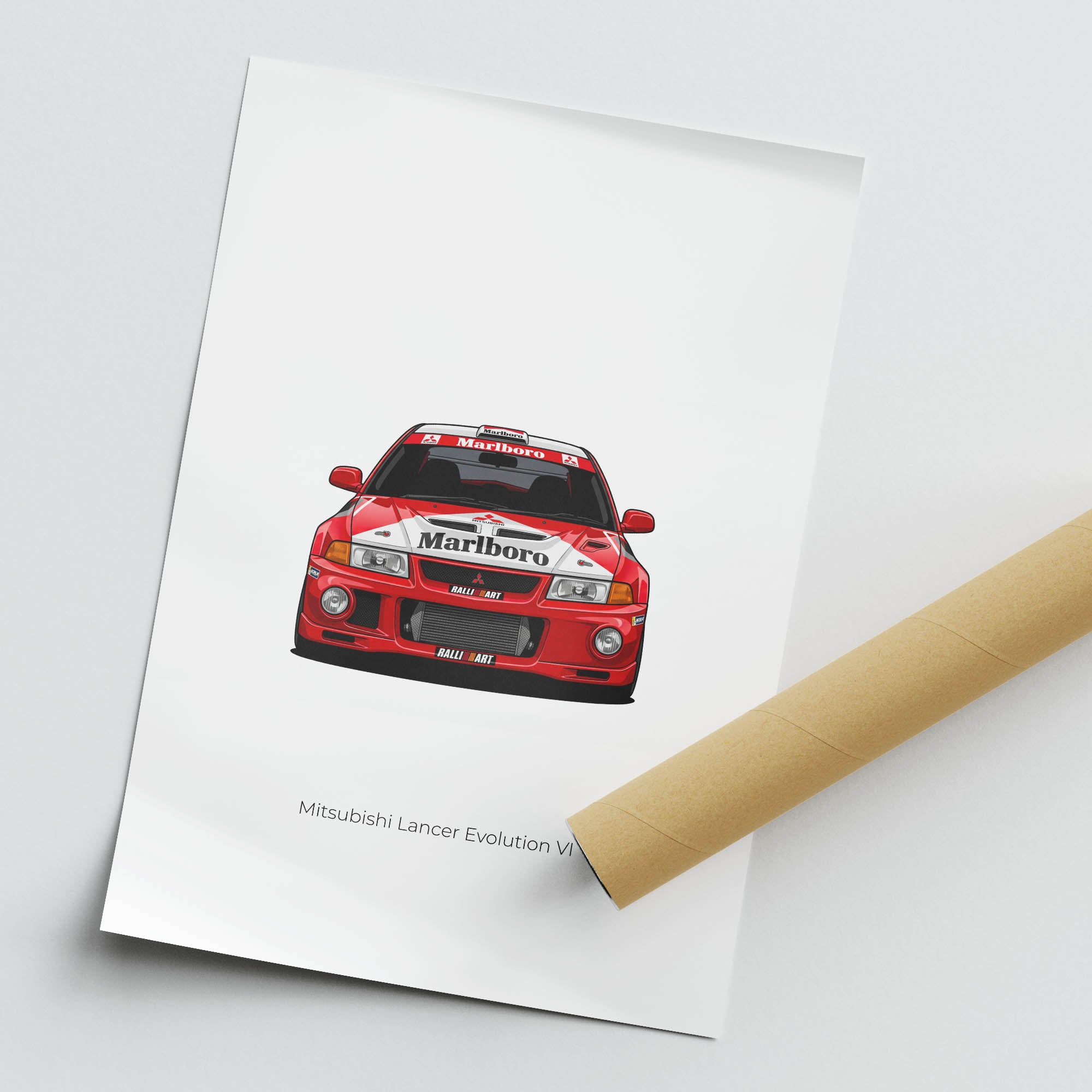 Mitsubishi Lancer Evolution Poster – 1999 Rally Car Art | Red White Livery Print