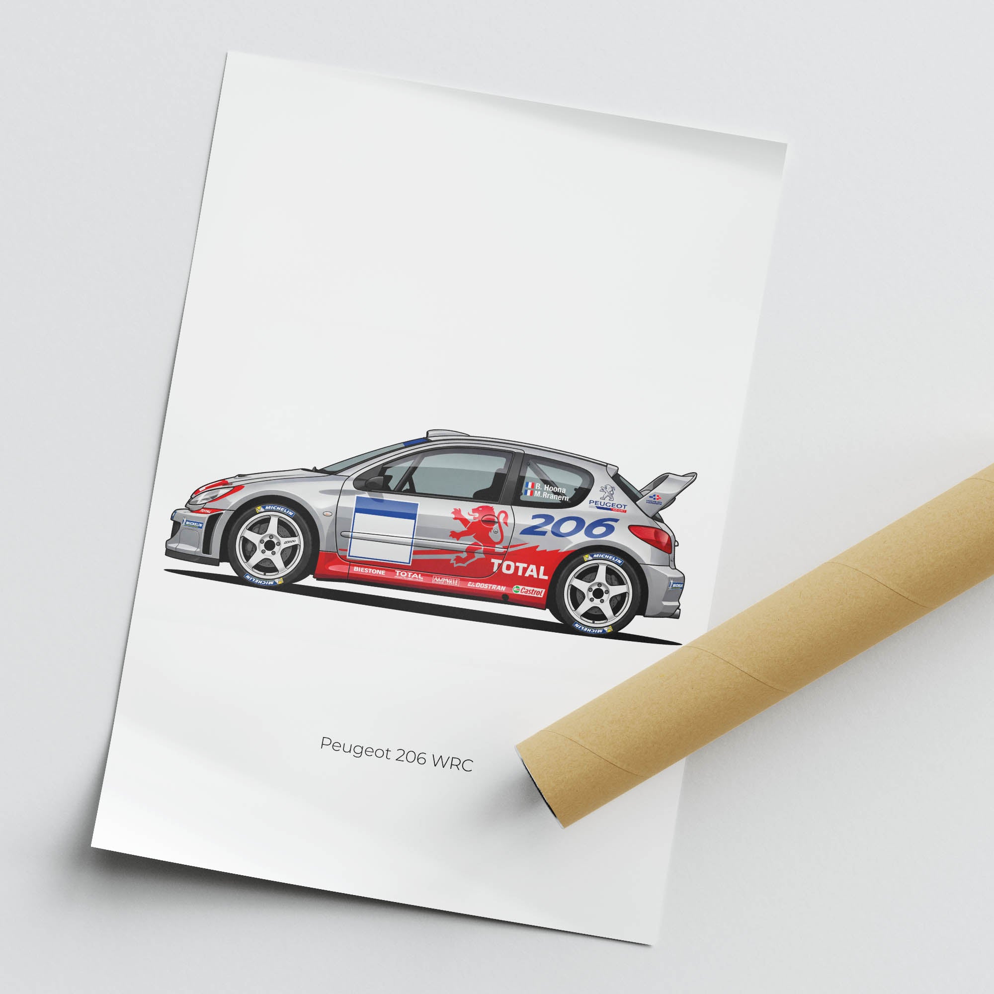 Peugeot 206 Poster – 2002 Silver Rally Car Print With Red Lion Livery Art