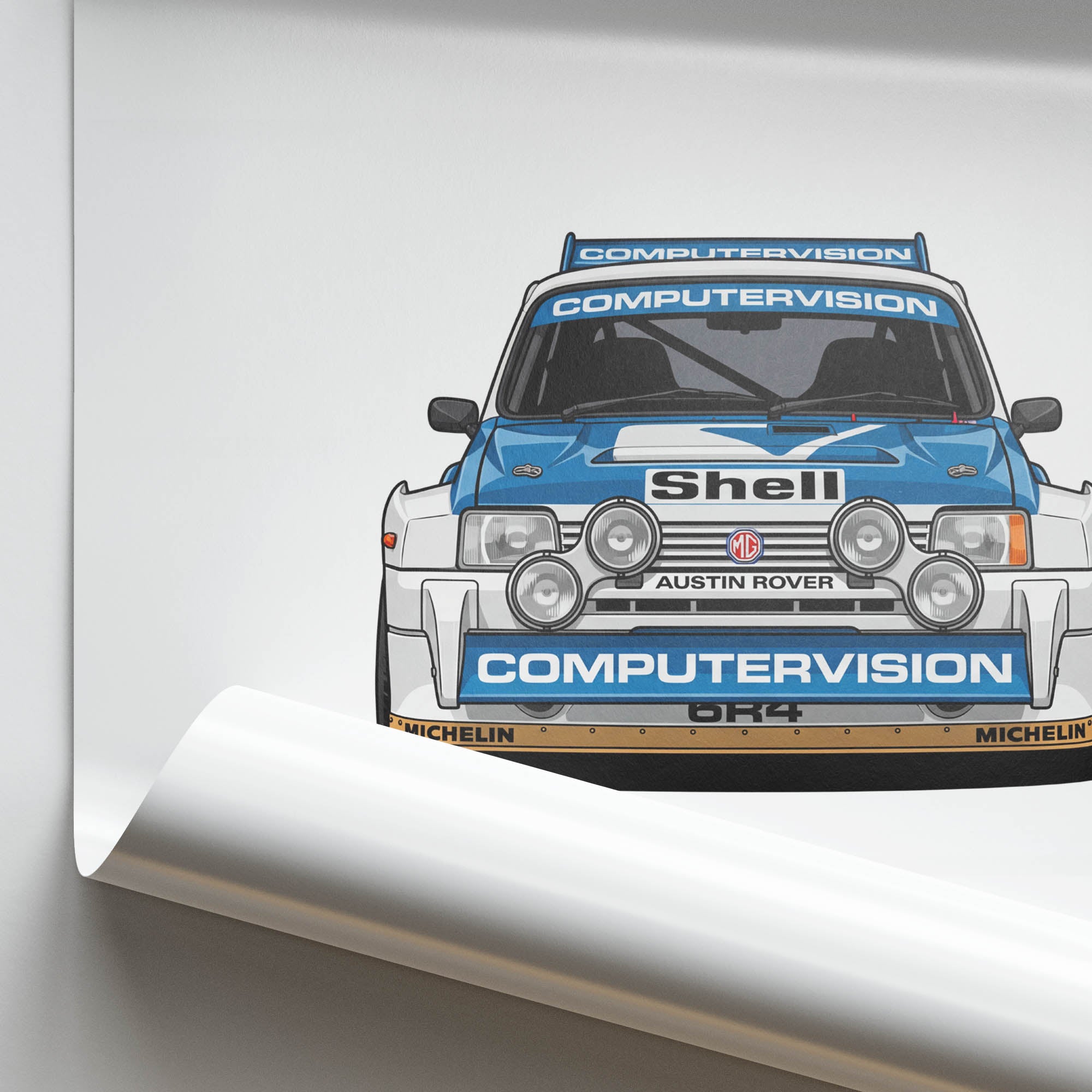 MG Metro 6R4 Poster – 1986 Rally Car Print With White Blue Livery Artwork