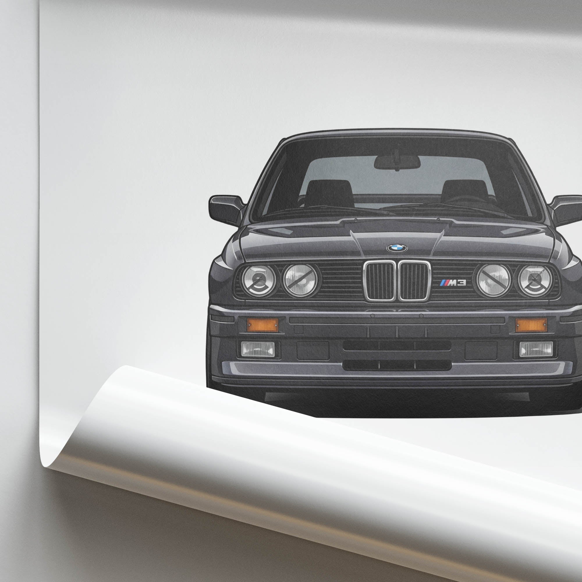 BMW M3 E30 Poster - Diamond Black Metallic Classic Car Print, Front View Art