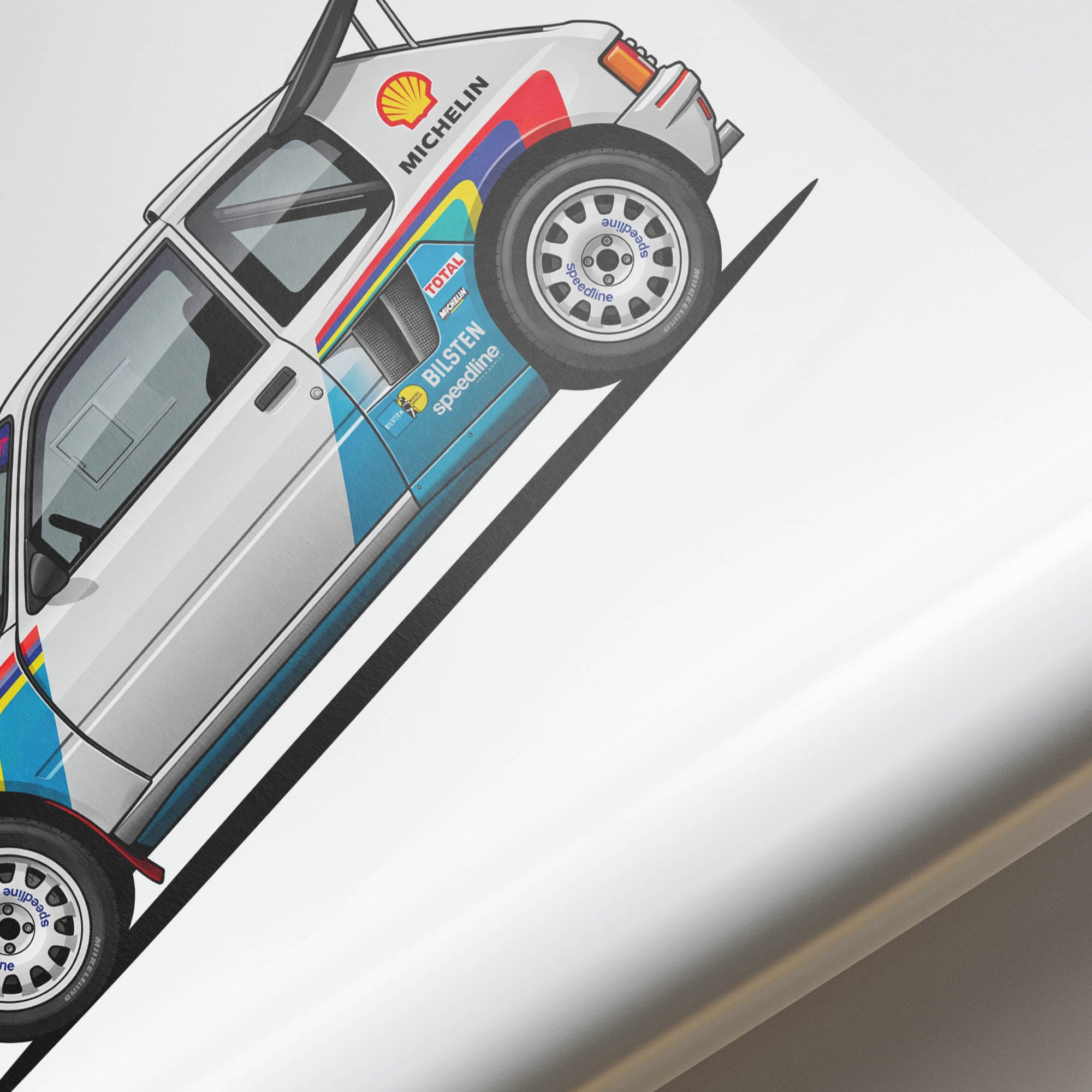 Peugeot 205 T16 Poster - 1985 Rally Car Print | White Rainbow Livery Art