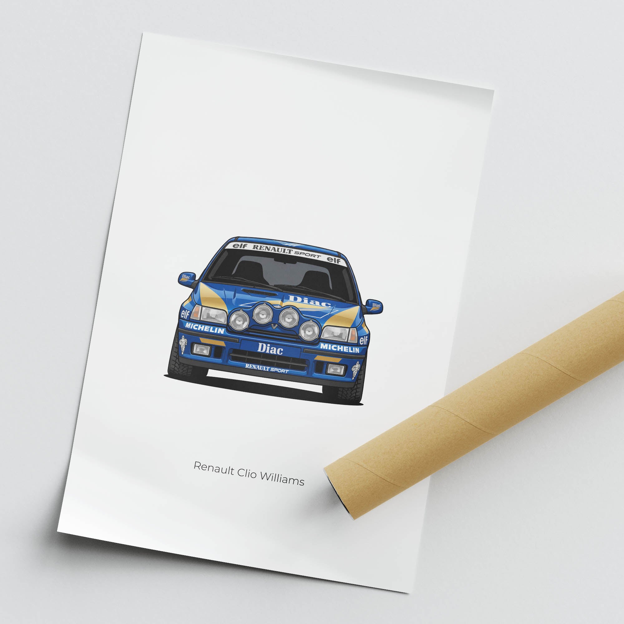 Renault Clio Williams Poster - 1993 Diac Blue Gold Livery Front View Print