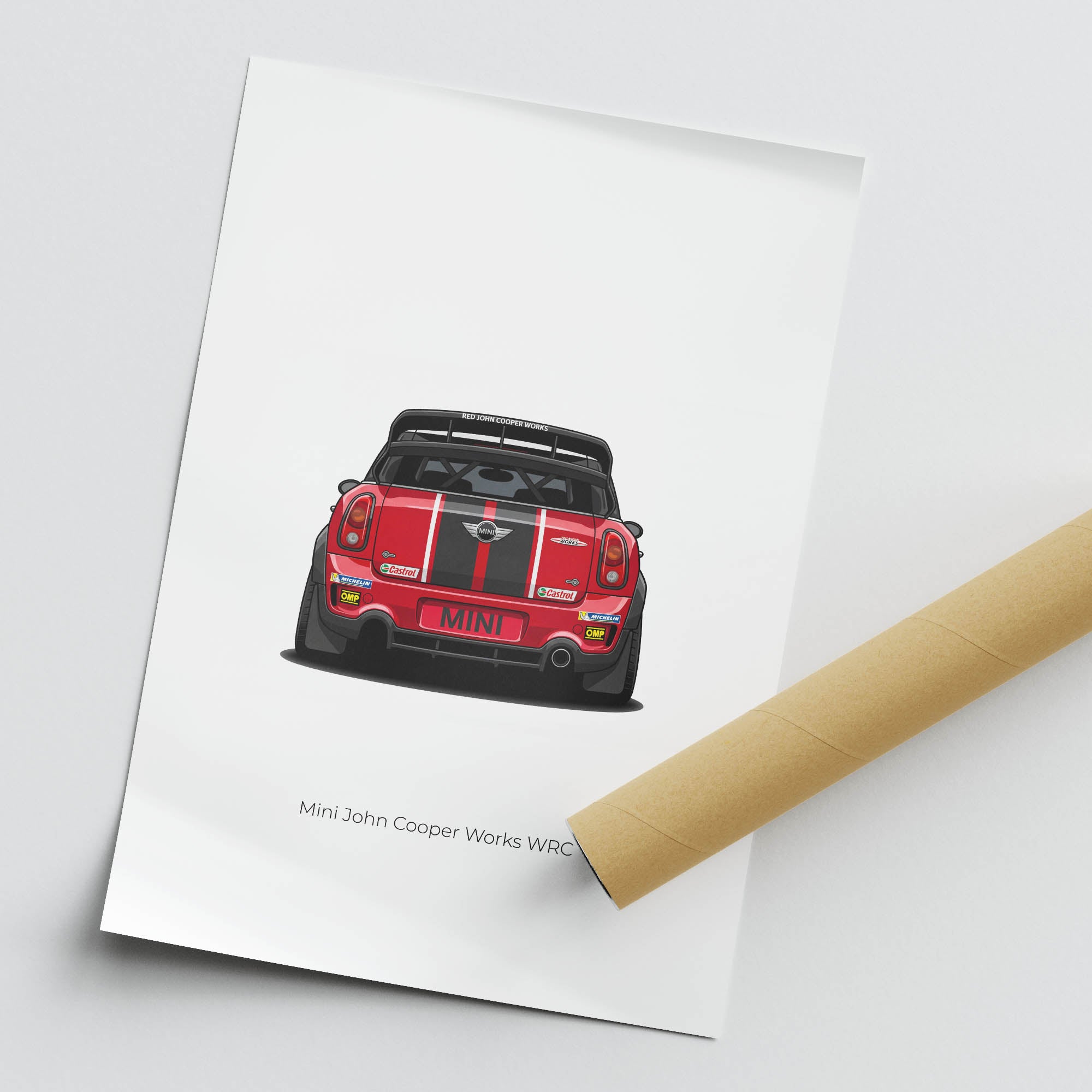 Mini John Cooper Works Poster - 2011 Red Black Car Racing Back View Print