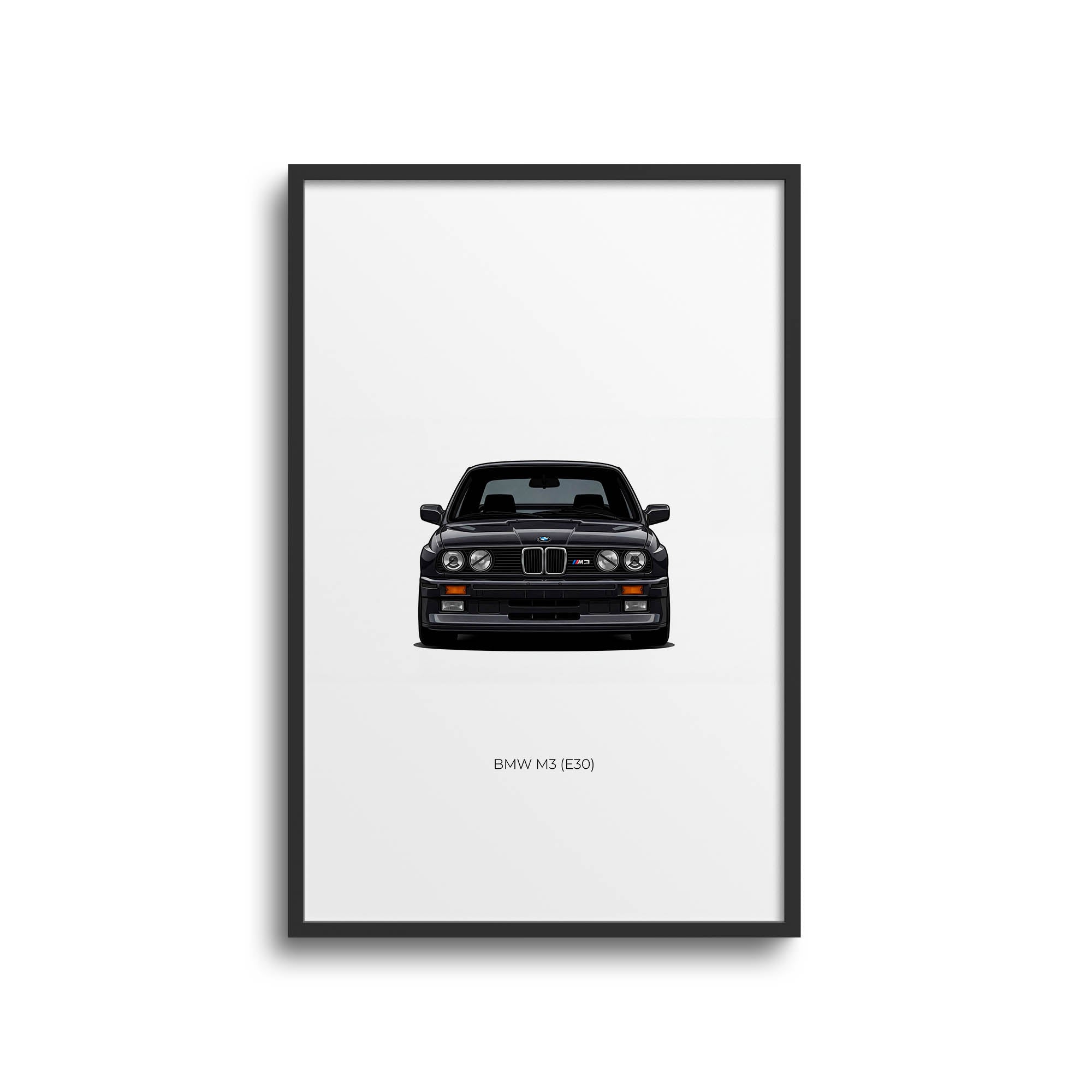 BMW M3 E30 Poster - Diamond Black Metallic Classic Car Print, Front View Art