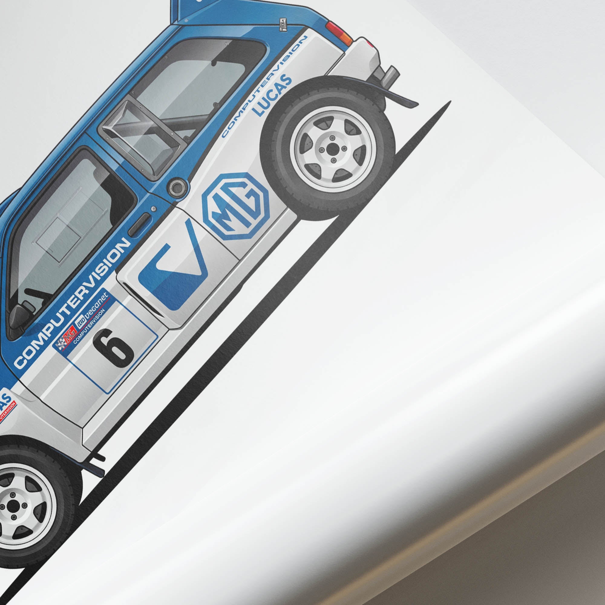 MG Metro 6R4 Poster – 1986 Rally Car Side View With Computervision White Blue Livery
