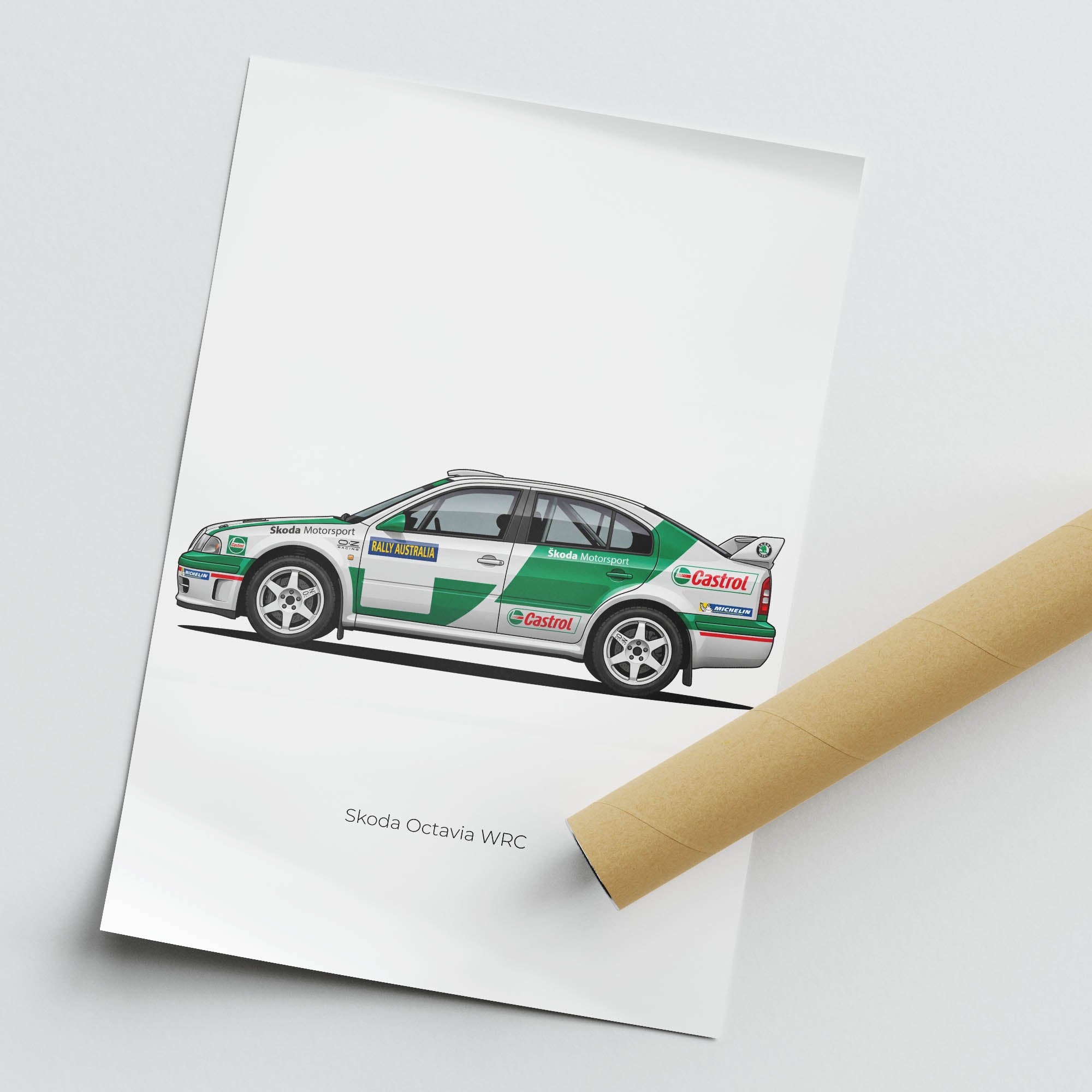 Skoda Octavia Poster - 2001 Motorsport Wall Art | White Green Livery Rally Print