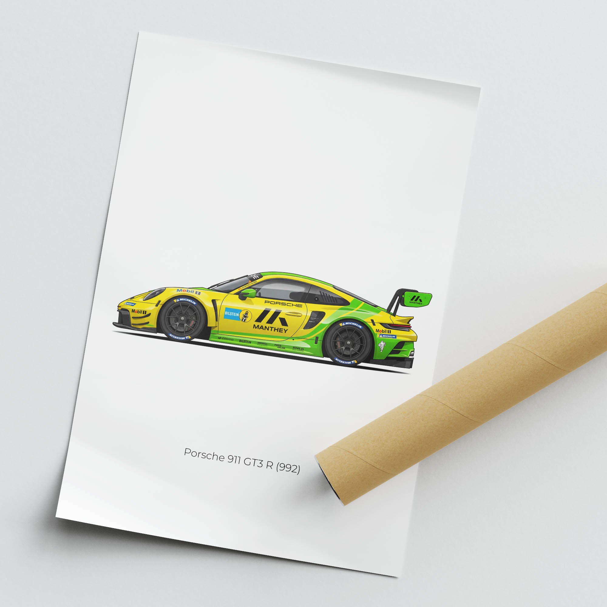 Porsche 911 GT3 R Poster – 2023 Manthey Racing Yellow Green Livery Side View