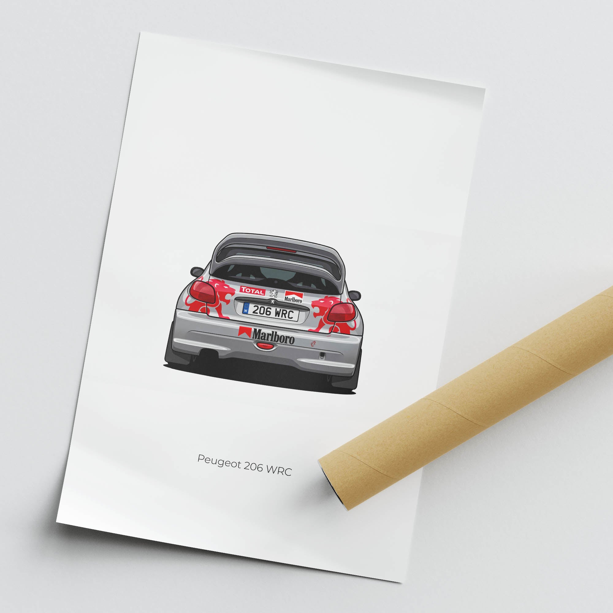 Peugeot 206 Poster - Silver 2002 Rally Car Print With Red Lion Livery Back View
