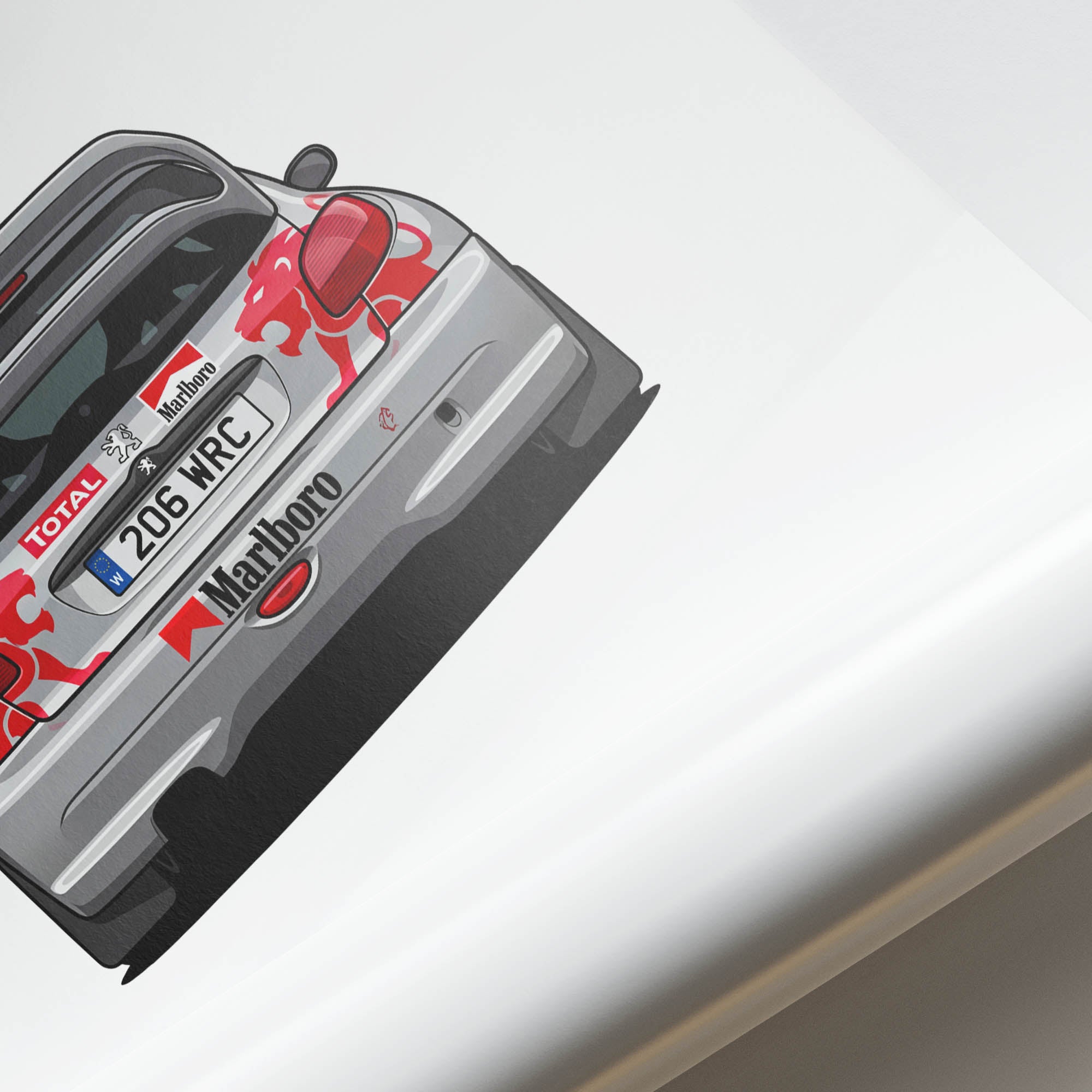 Peugeot 206 Poster - Silver 2002 Rally Car Print With Red Lion Livery Back View