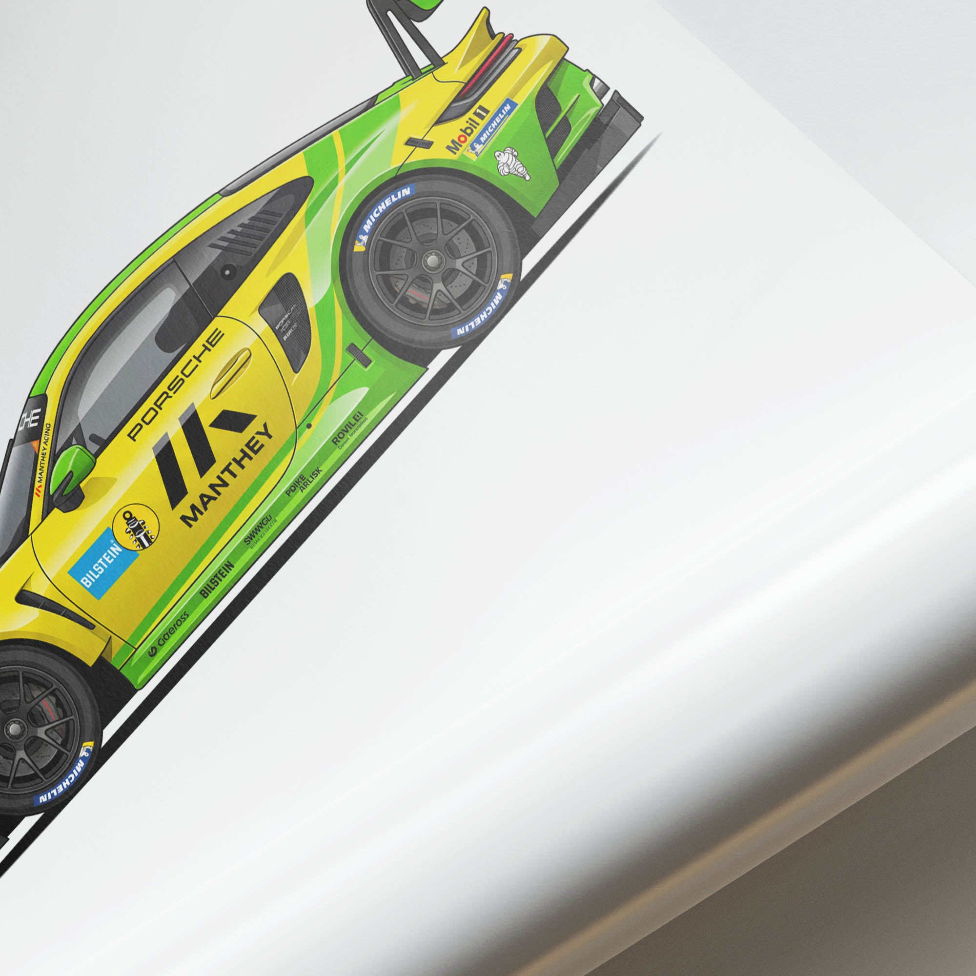 Porsche 911 GT3 R Poster – 2023 Manthey Racing Yellow Green Livery Side View