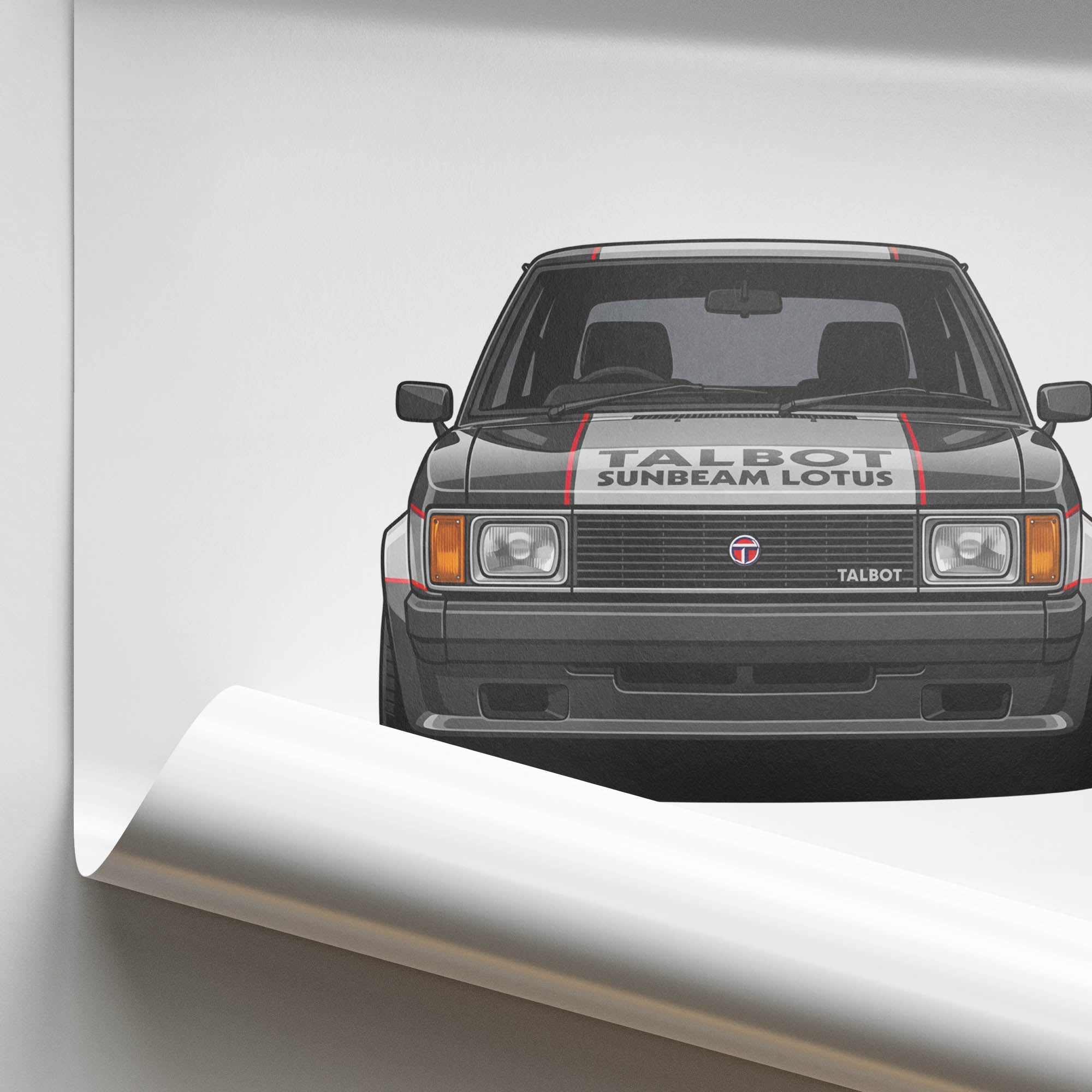 Talbot Sunbeam Lotus Poster - 1981 Classic Car Print | Black Silver Livery Front View