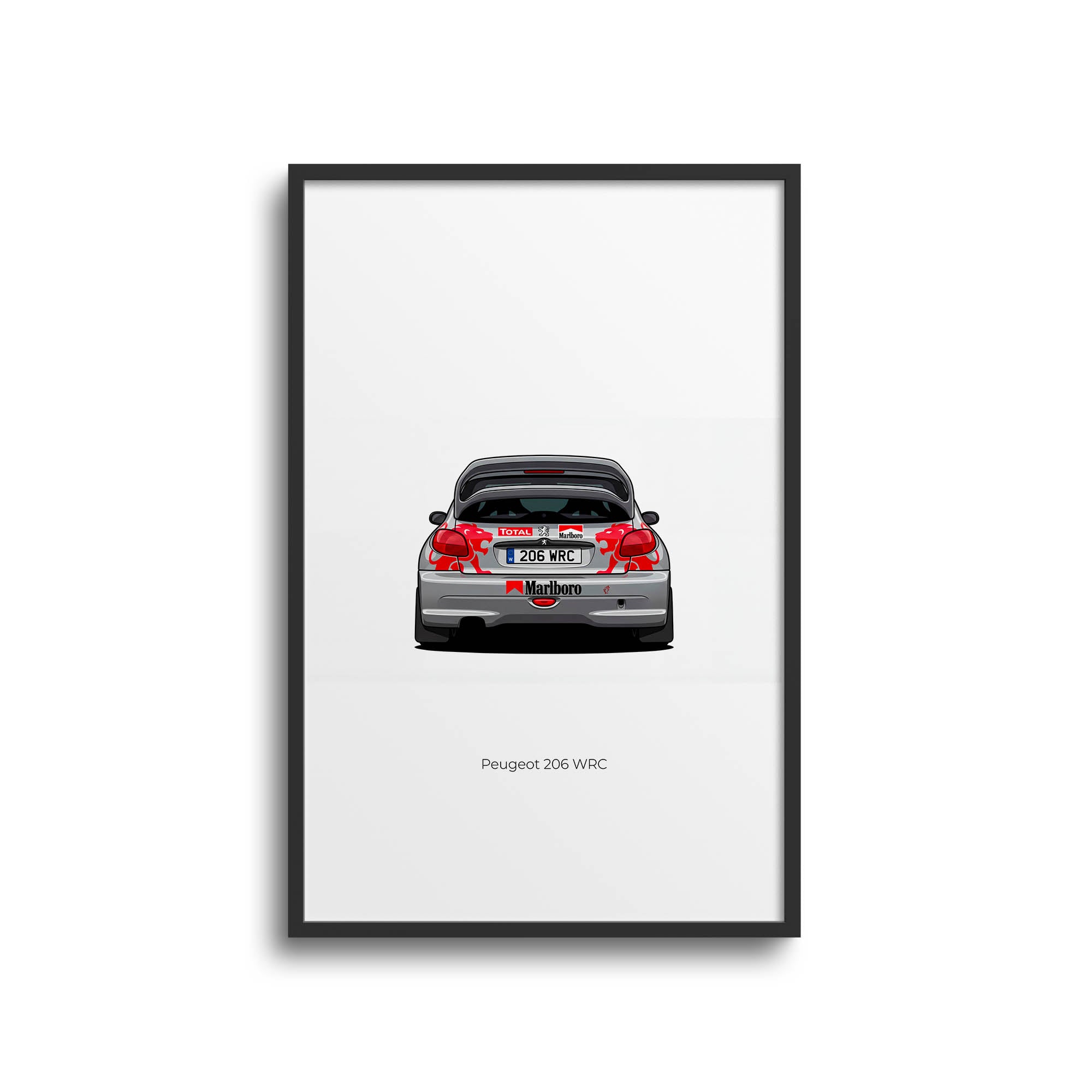 Peugeot 206 Poster - Silver 2002 Rally Car Print With Red Lion Livery Back View