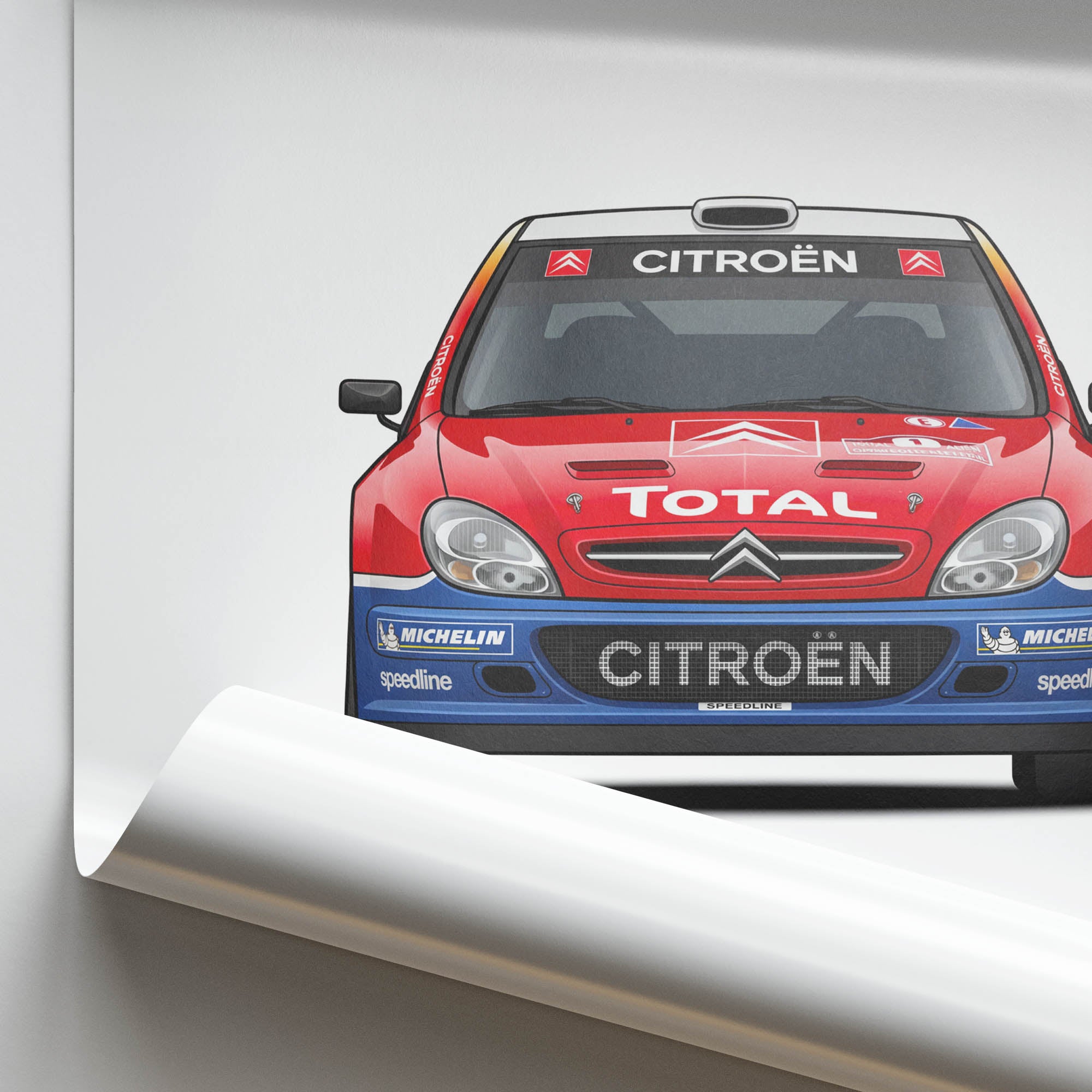 Citroen Xsara Poster - 2004 Rally Car Print With Red Blue Livery Front View