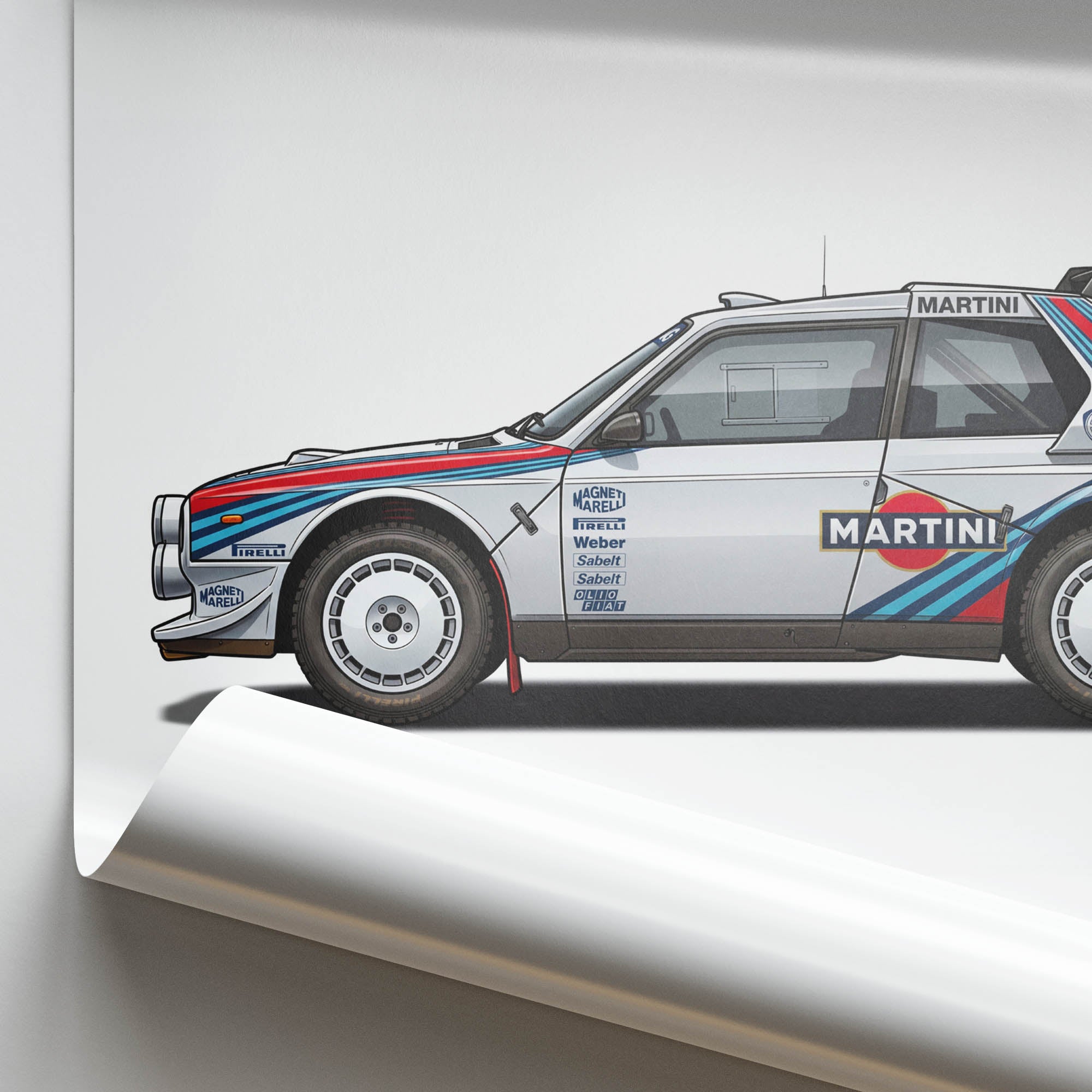 Lancia Delta S4 Poster – 1986 Martini Racing White Stripes Livery Print