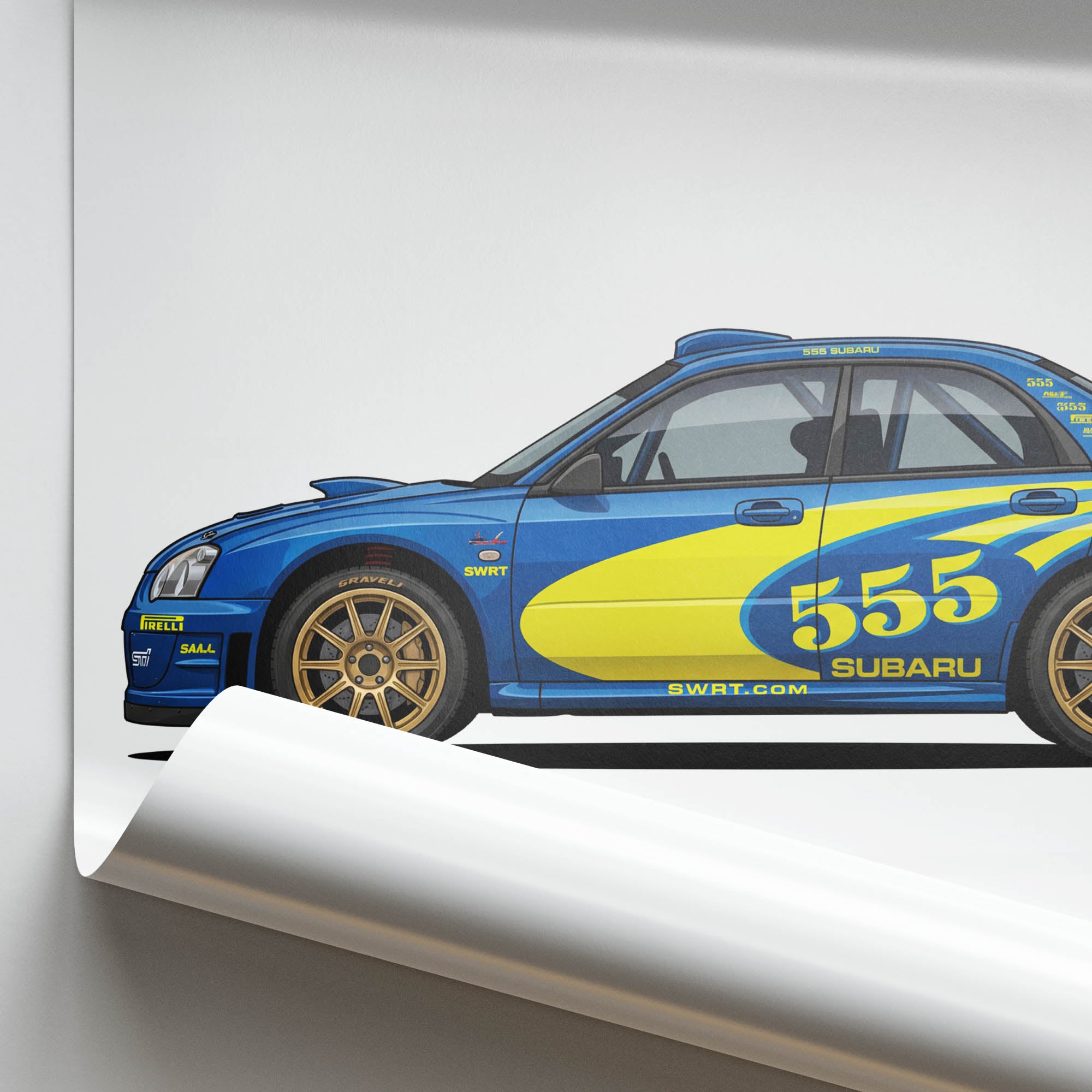 Subaru Impreza Poster – 2003 WRC Car Artwork With Blue Yellow Livery Side View
