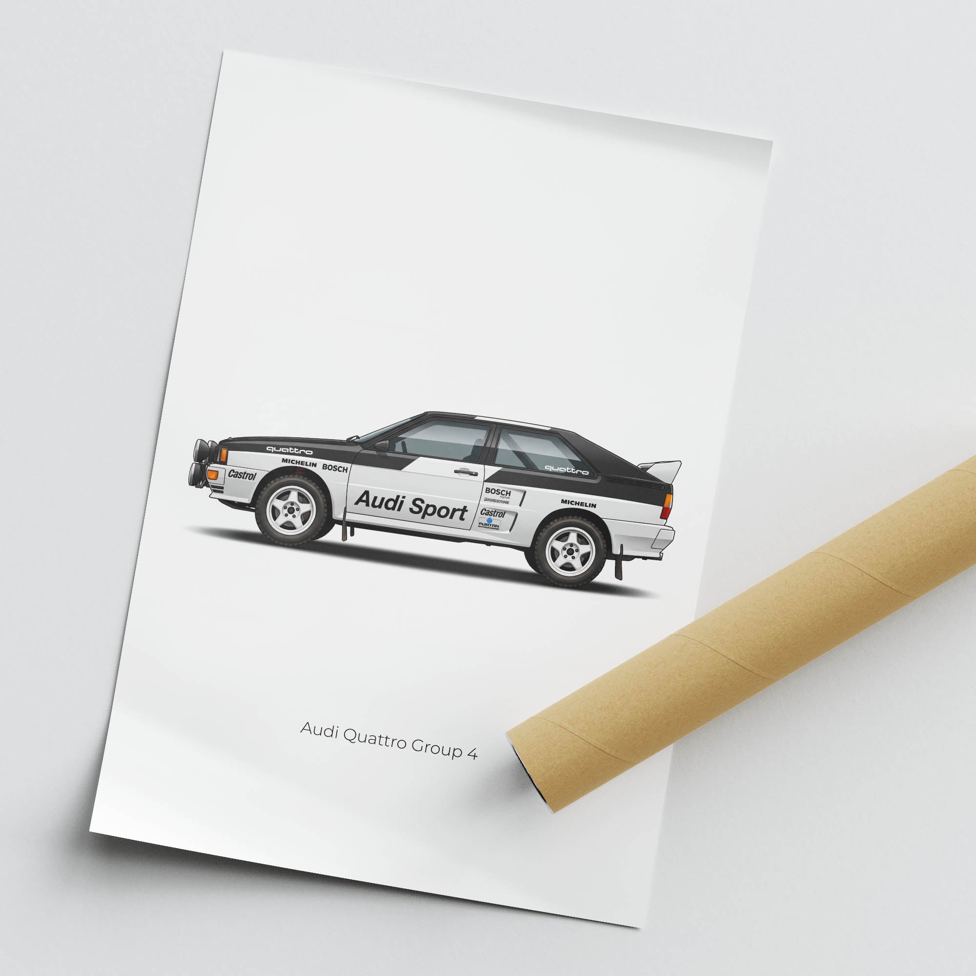 Audi Quattro Poster – 1981 Group 4 Rally Car White Black Livery Print