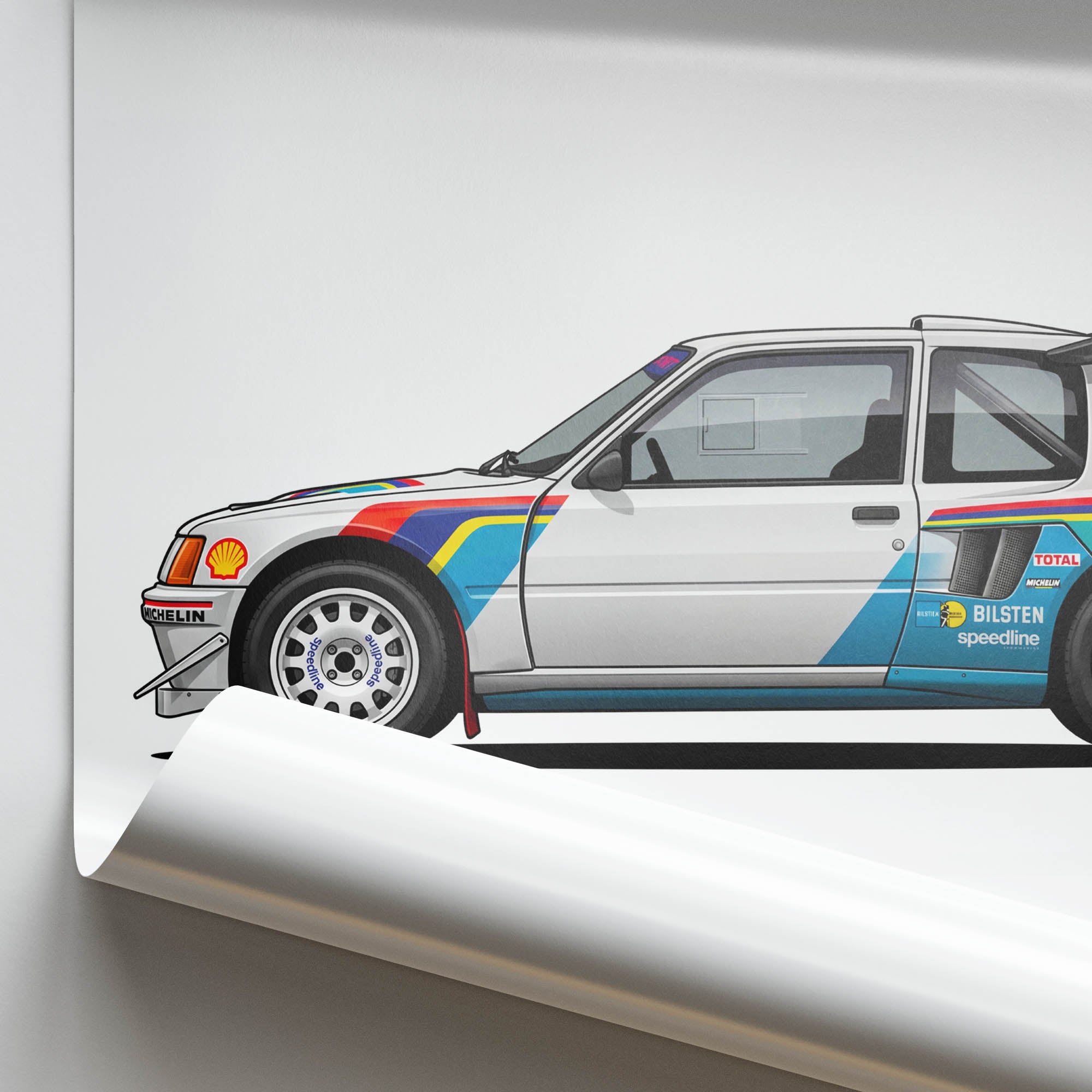 Peugeot 205 T16 Poster - 1985 Rally Car Print | White Rainbow Livery Art