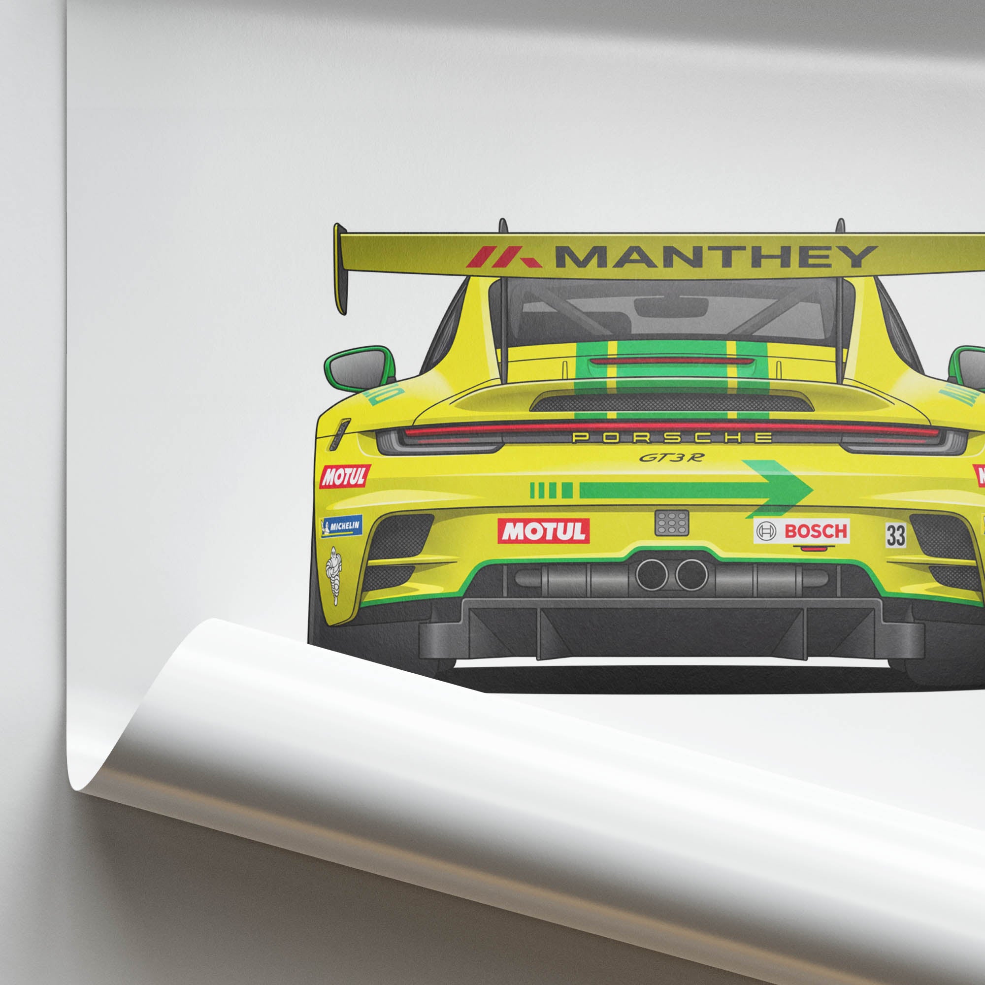 2023 Porsche 911 Gt3 R 992 Manthey Racing Grello Yellow And Green Livery Back View Poster