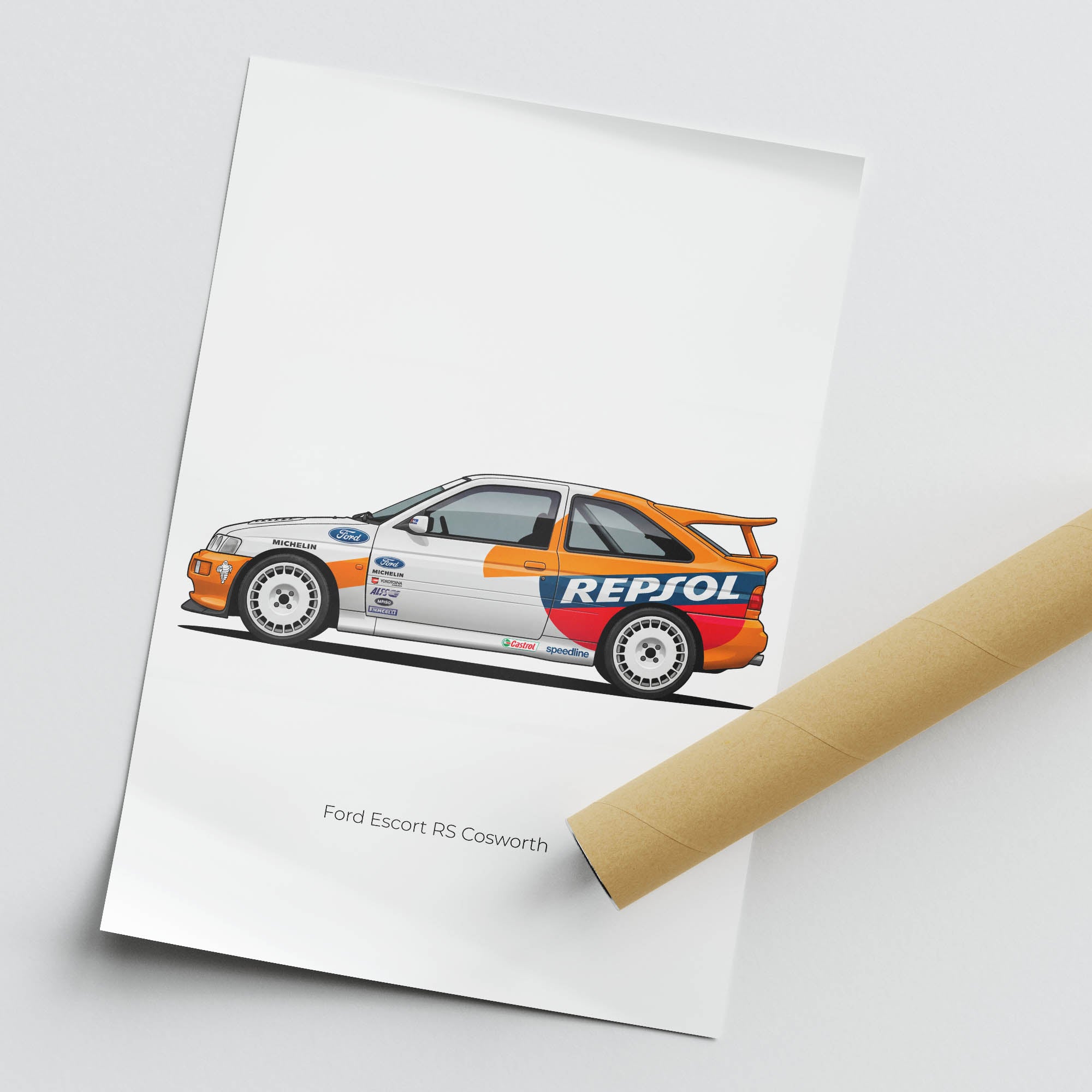 Ford Escort Cosworth Poster – 1996 Rally Car Side View With Repsol Livery