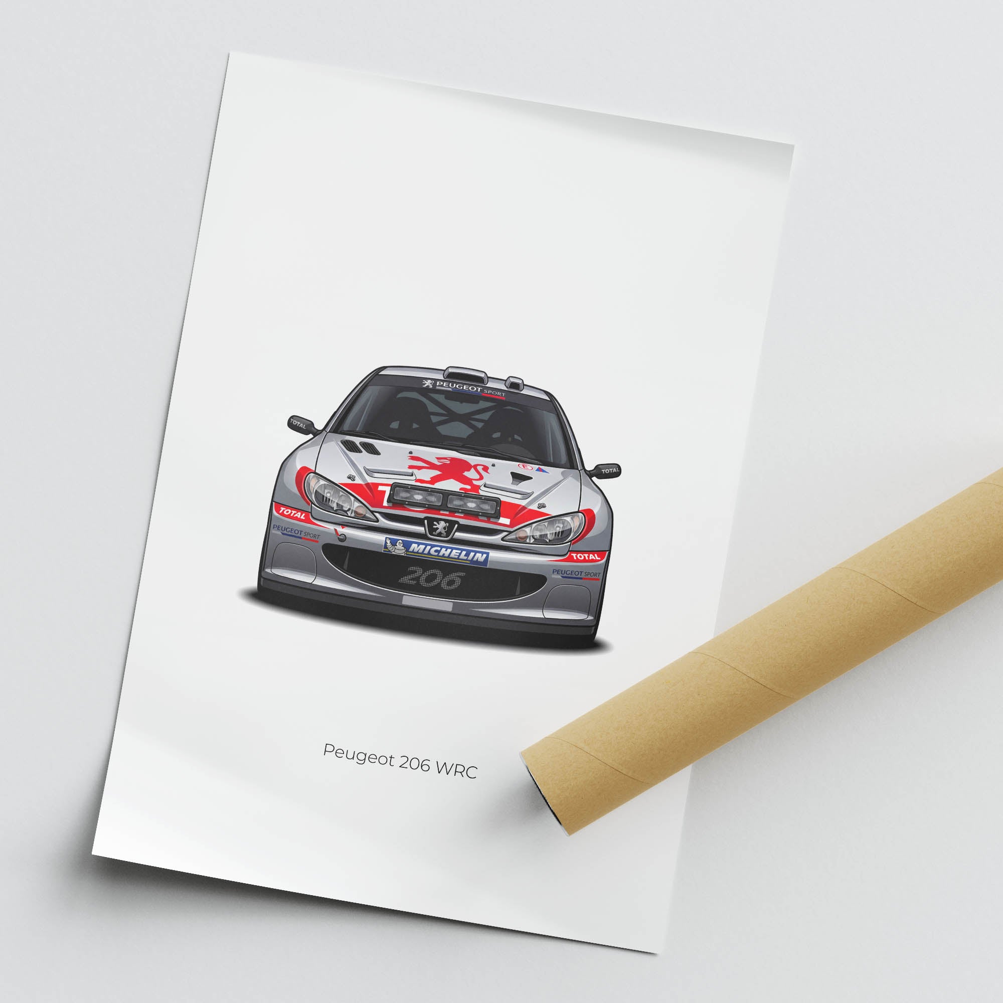 Peugeot 206 Poster - 2002 Silver Car Wall Art With Red Lion Livery Print