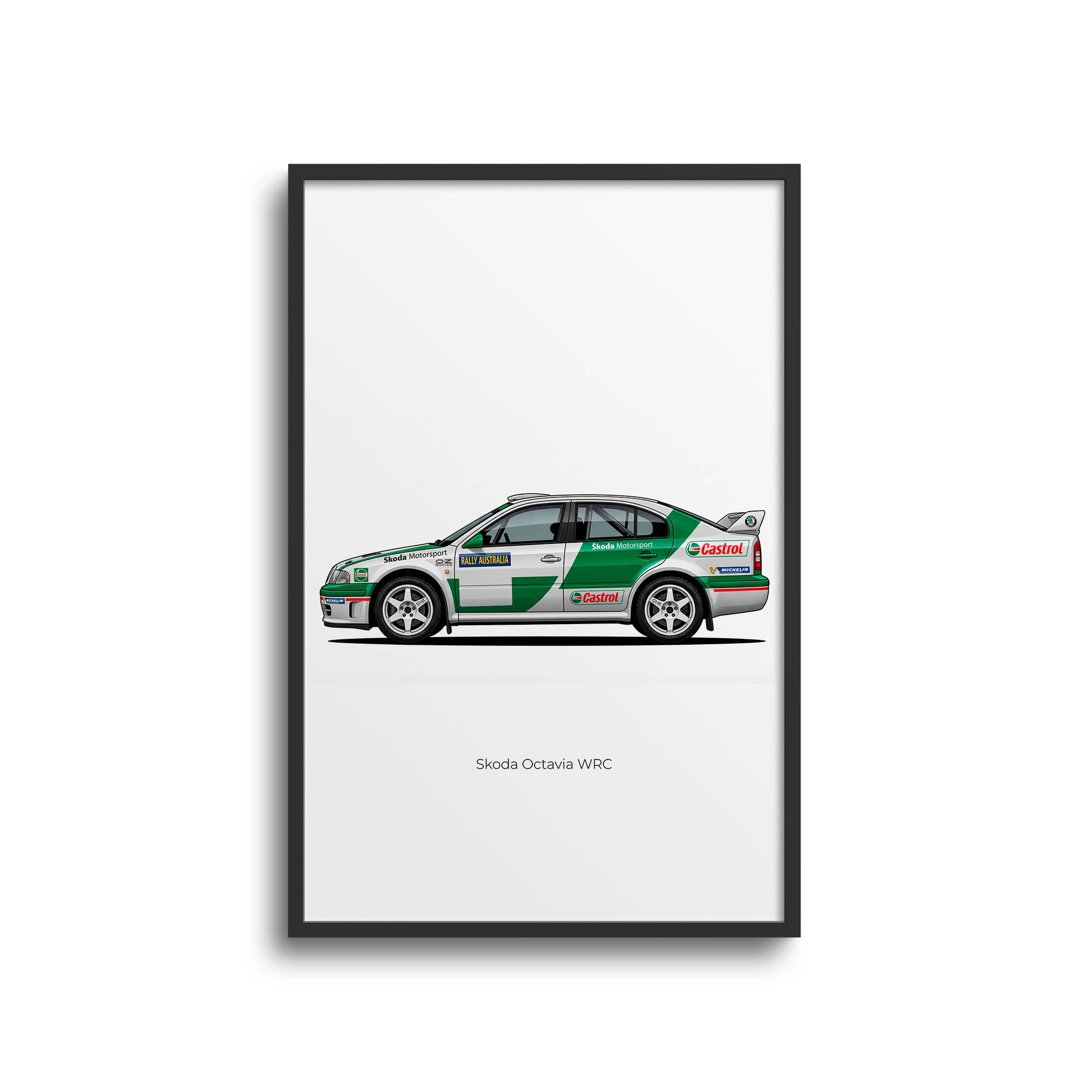 Skoda Octavia Poster - 2001 Motorsport Wall Art | White Green Livery Rally Print